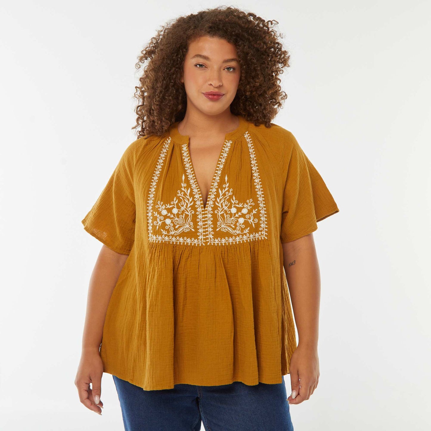 Blouse en gaze de coton avec encolure brodée MOUTARDE