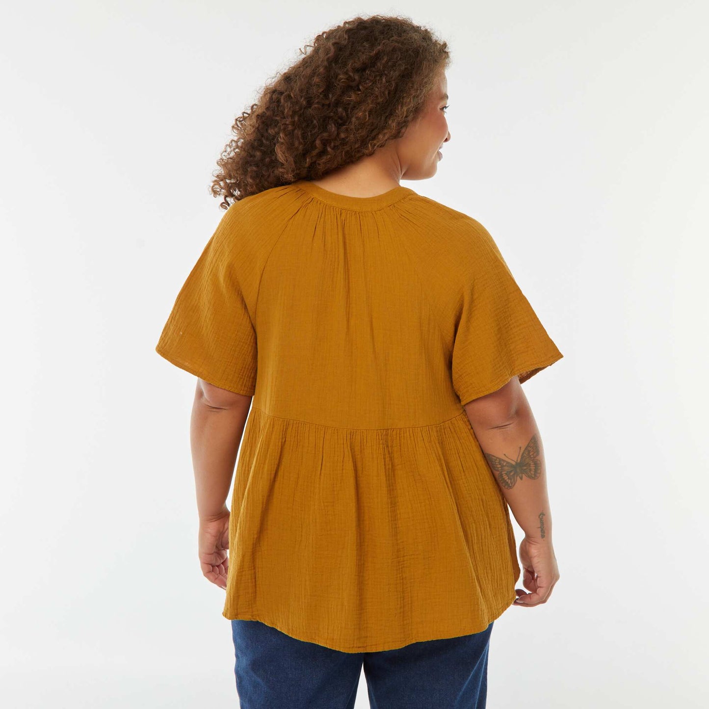 Blouse en gaze de coton avec encolure brodée MOUTARDE