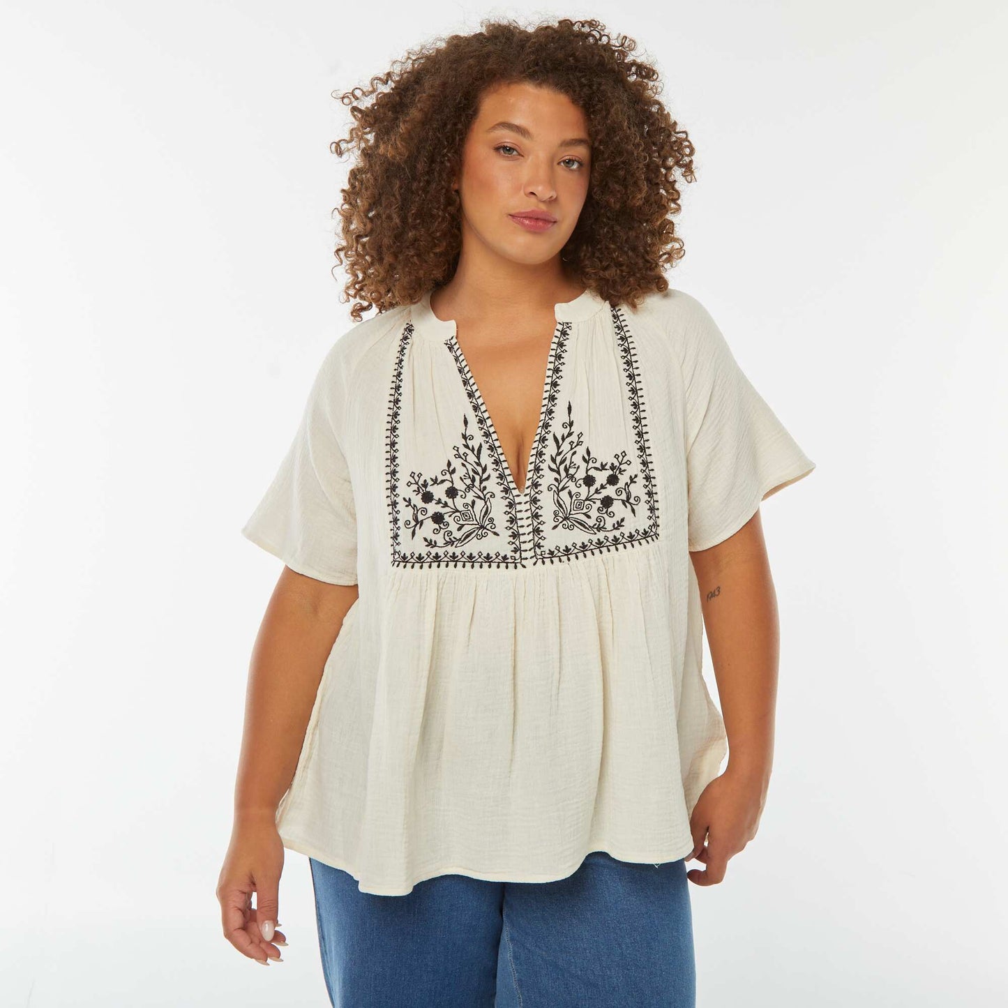 Blouse en gaze de coton avec encolure brodée BLANC