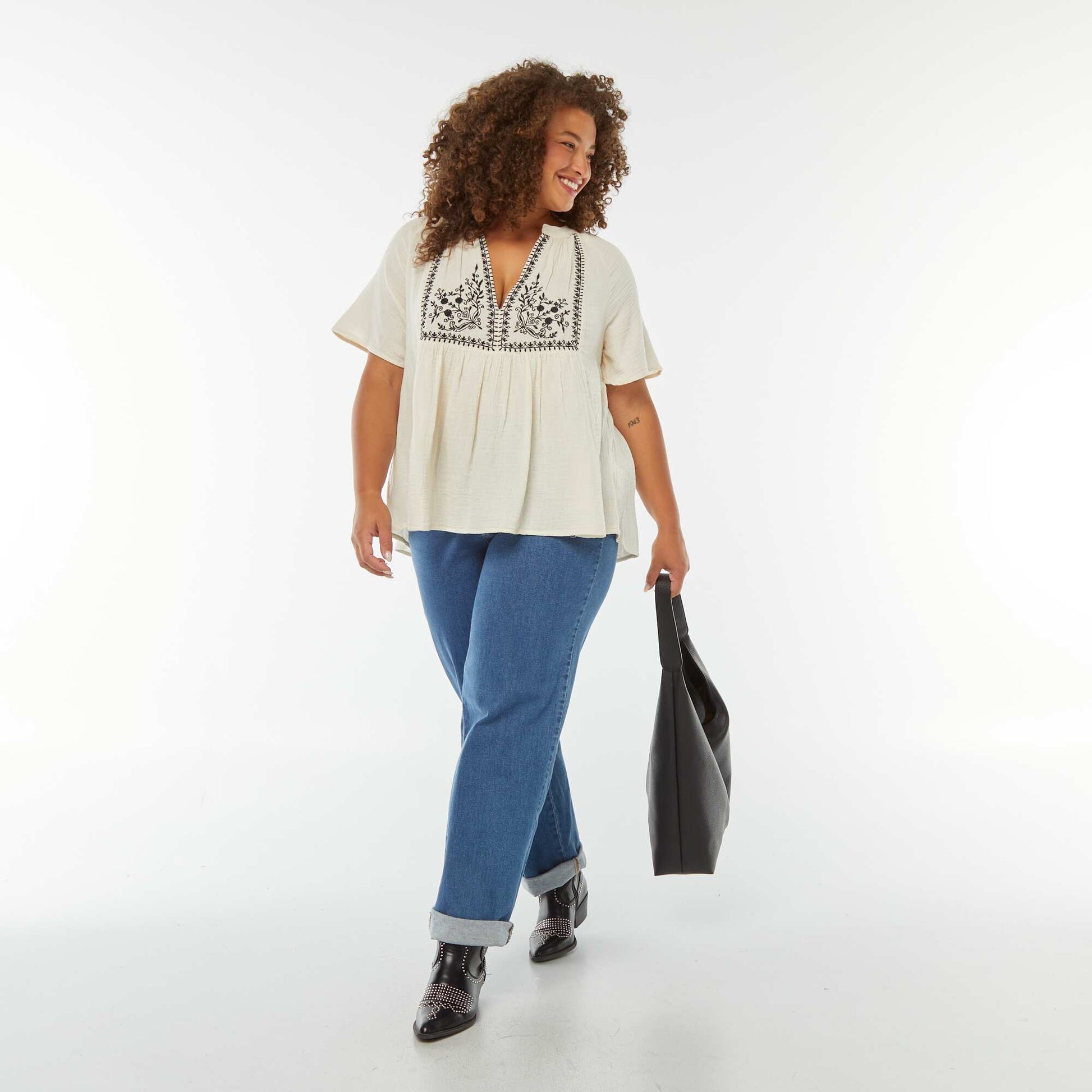 Blouse en gaze de coton avec encolure brodée BLANC