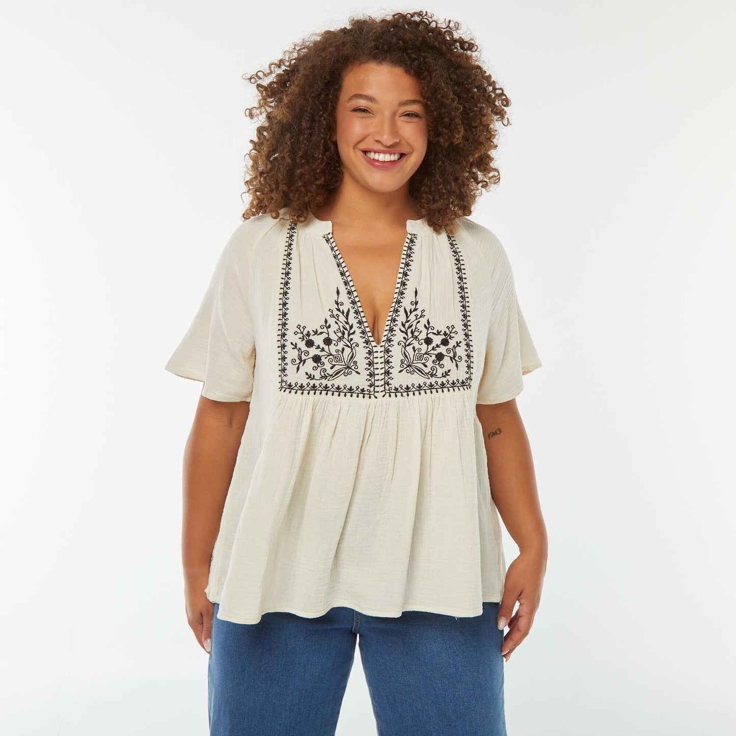 Blouse en gaze de coton avec encolure brodée BLANC