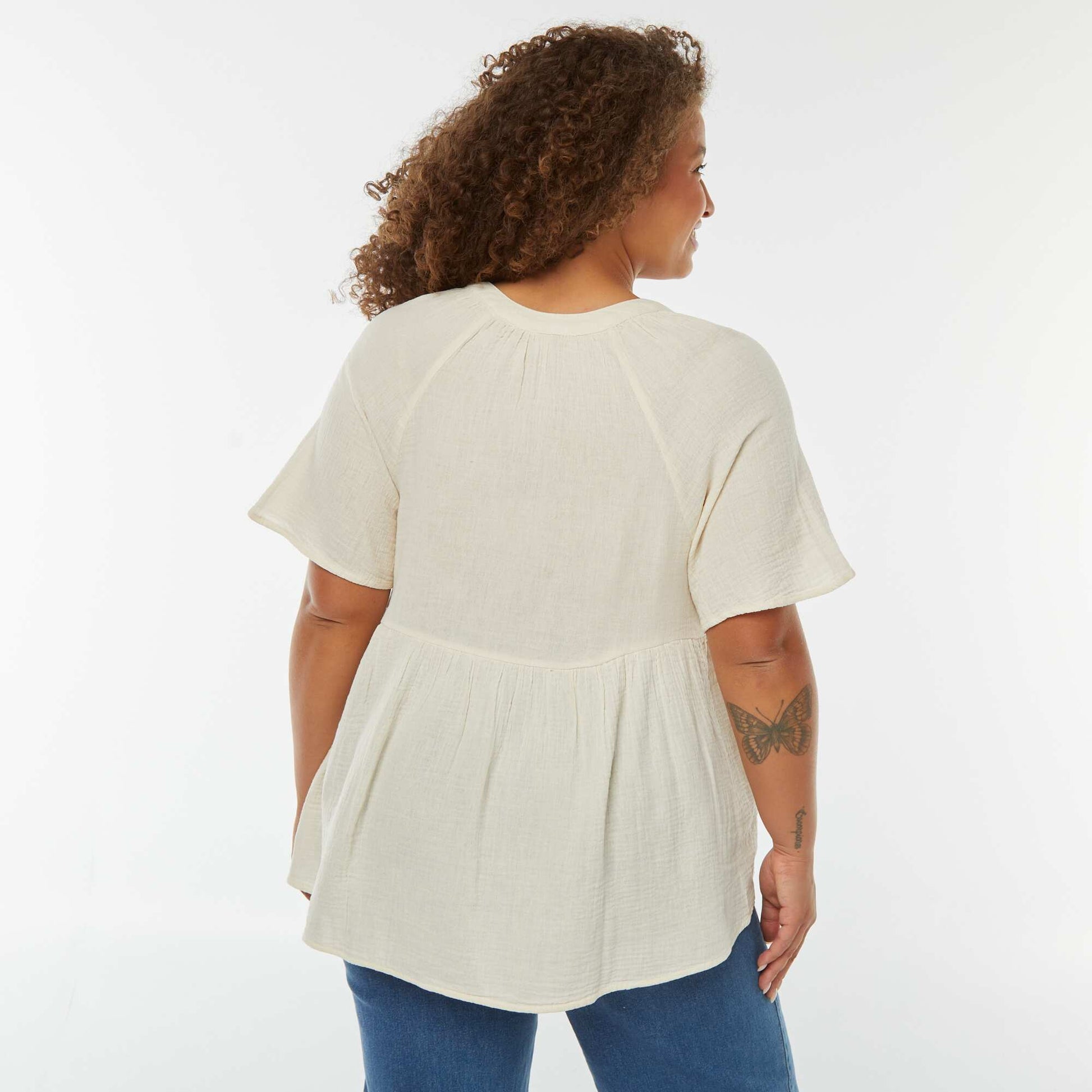 Blouse en gaze de coton avec encolure brodée BLANC