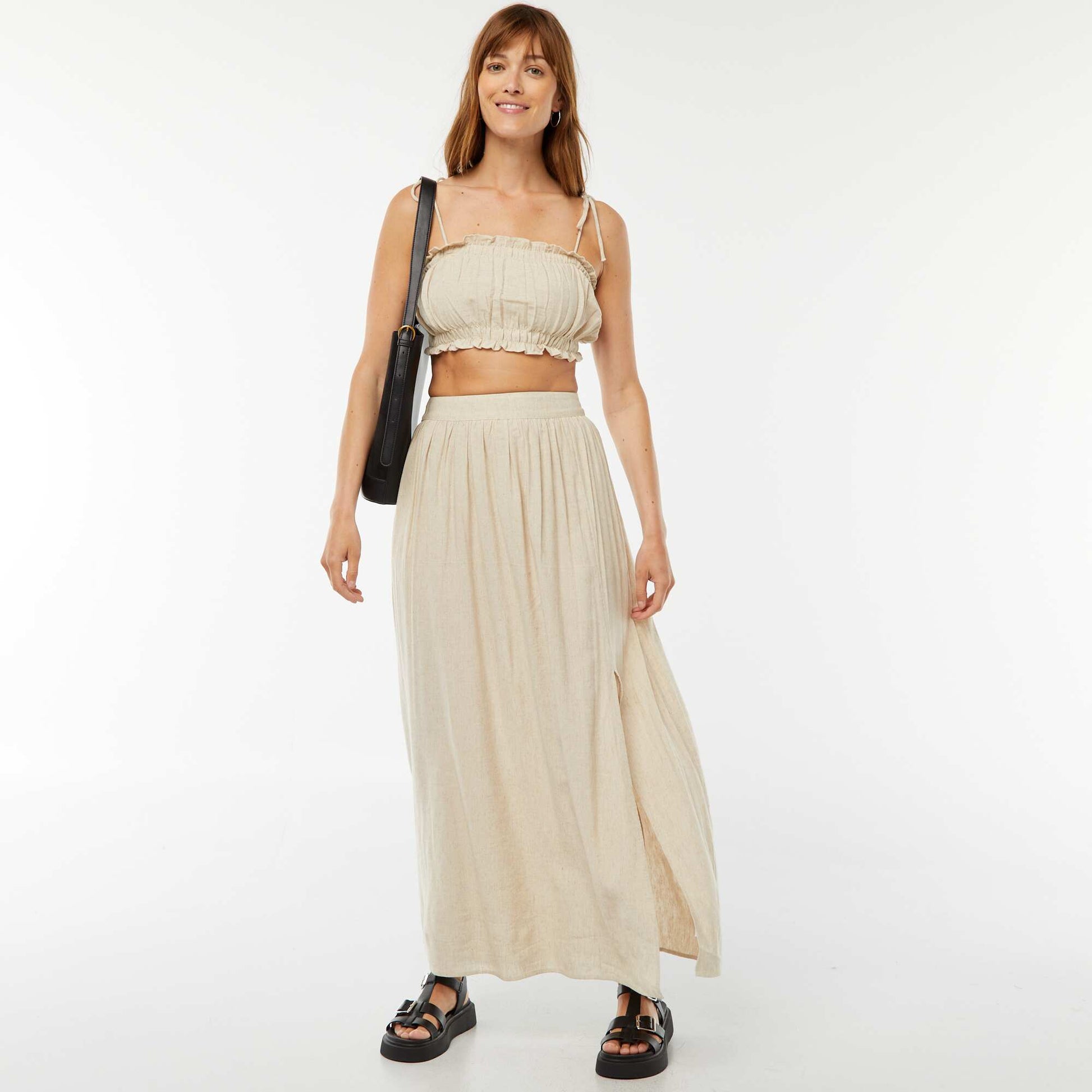 Top avec bretelles à nouer en lin mélangé BEIGE