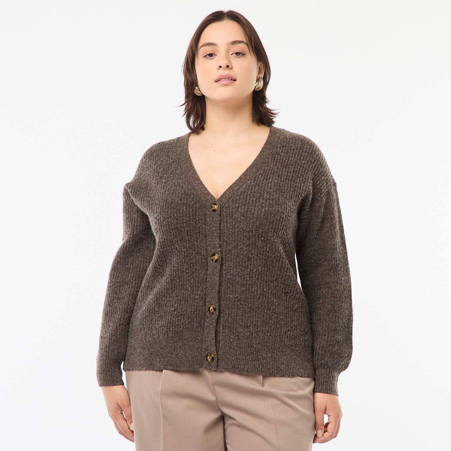 Gilet cardigan en maille côtelée MARRON