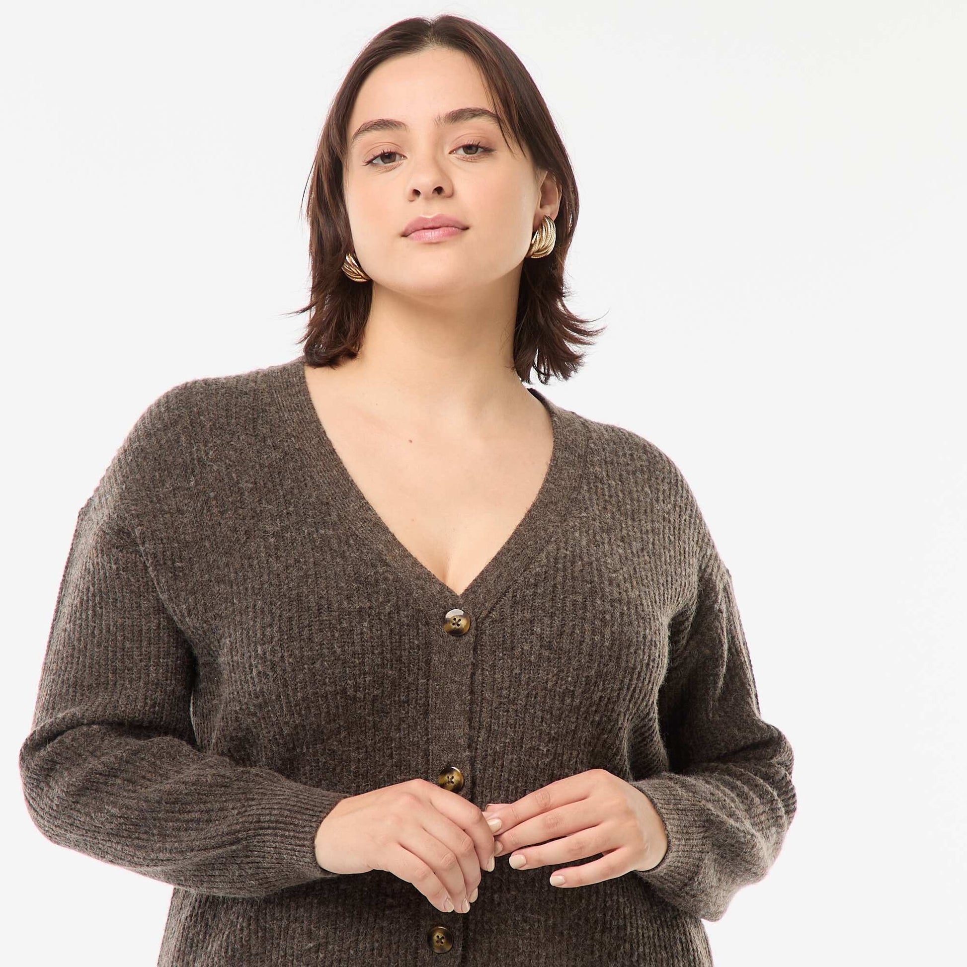 Gilet cardigan en maille côtelée MARRON