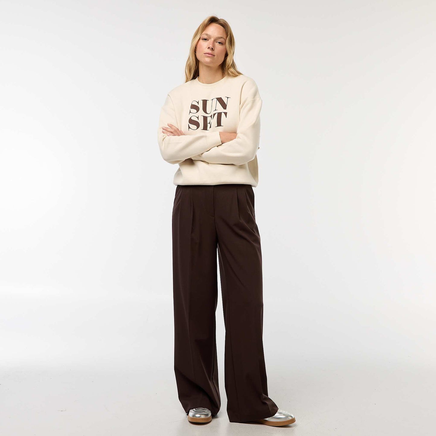 Pantalon large taille haute à 5 poches MARRON