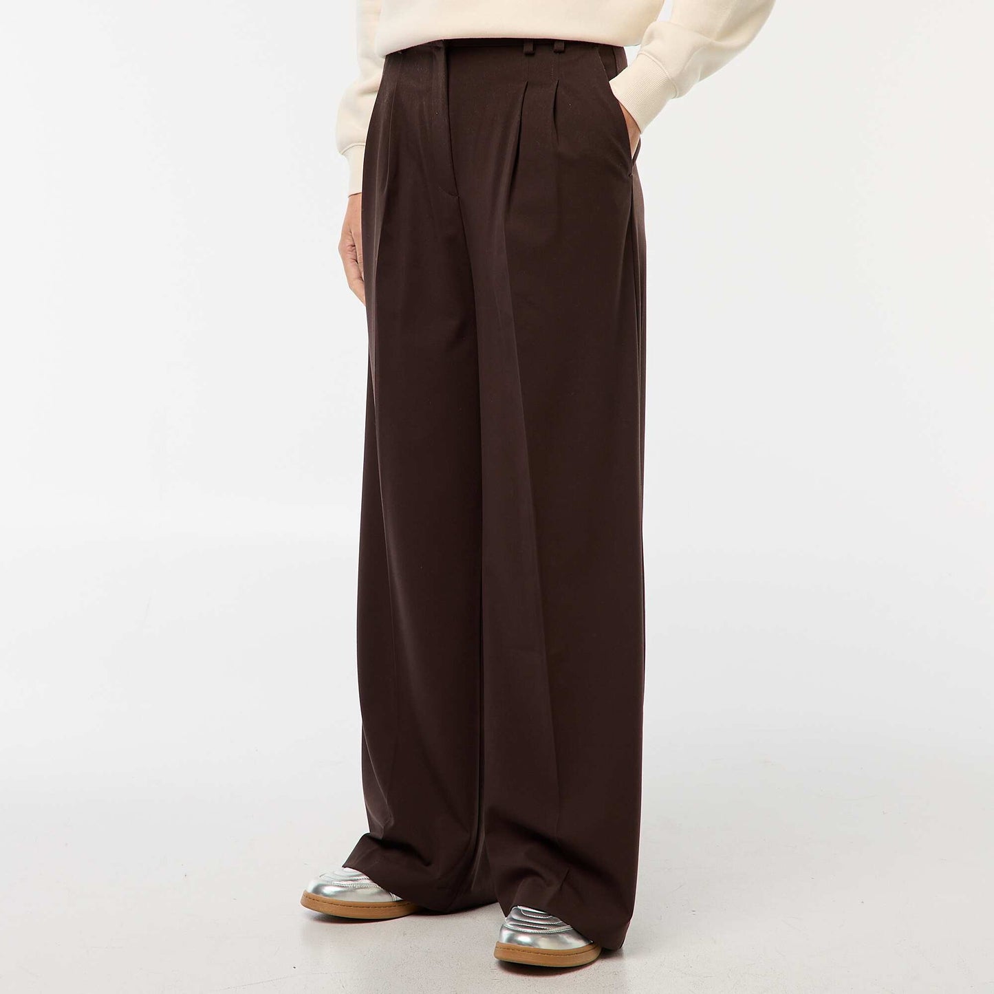Pantalon large taille haute à 5 poches MARRON