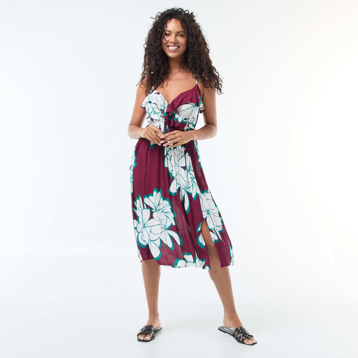 Robe longue avec col volanté ROUGE
