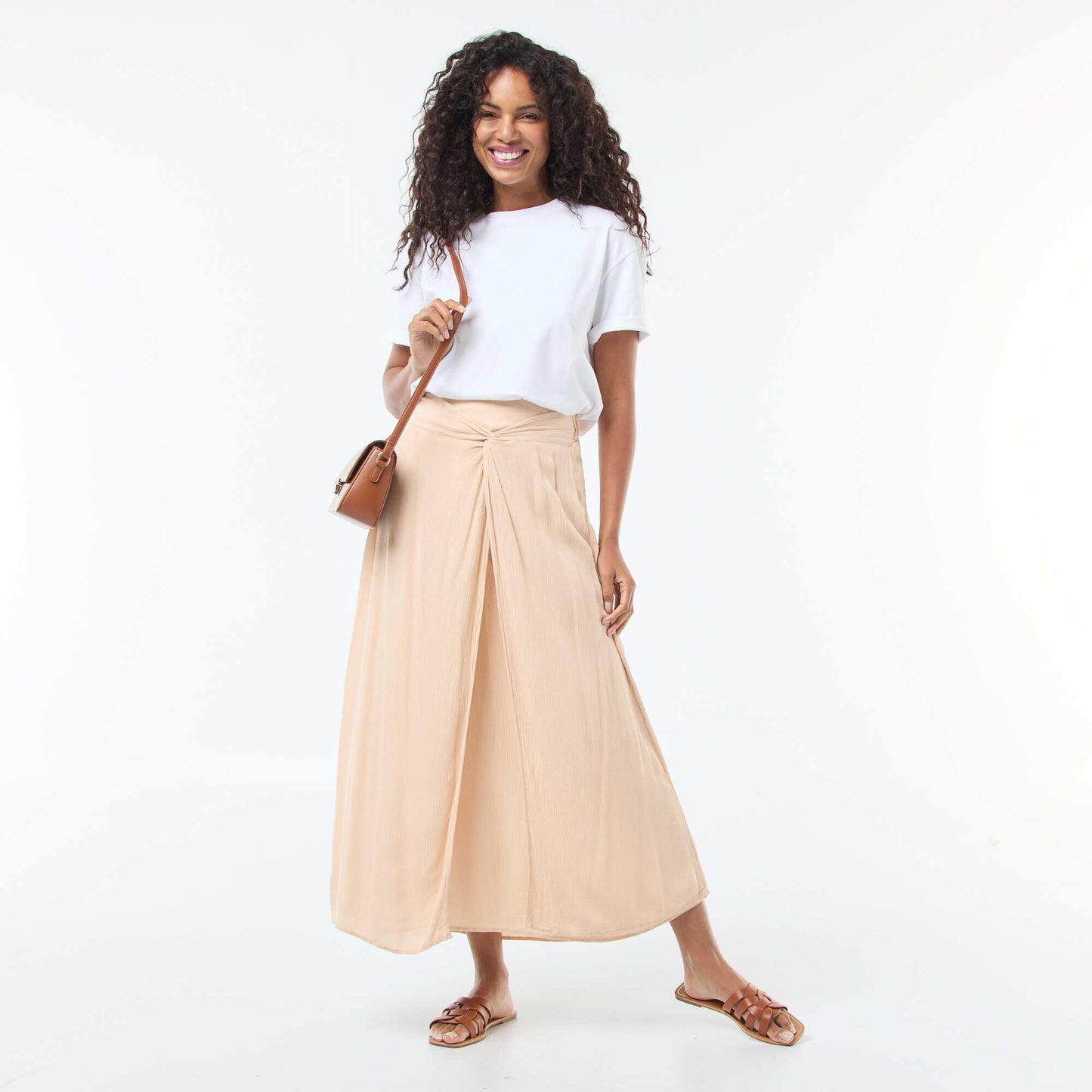 Jupe midi forme évasée en maille crêpée BEIGE