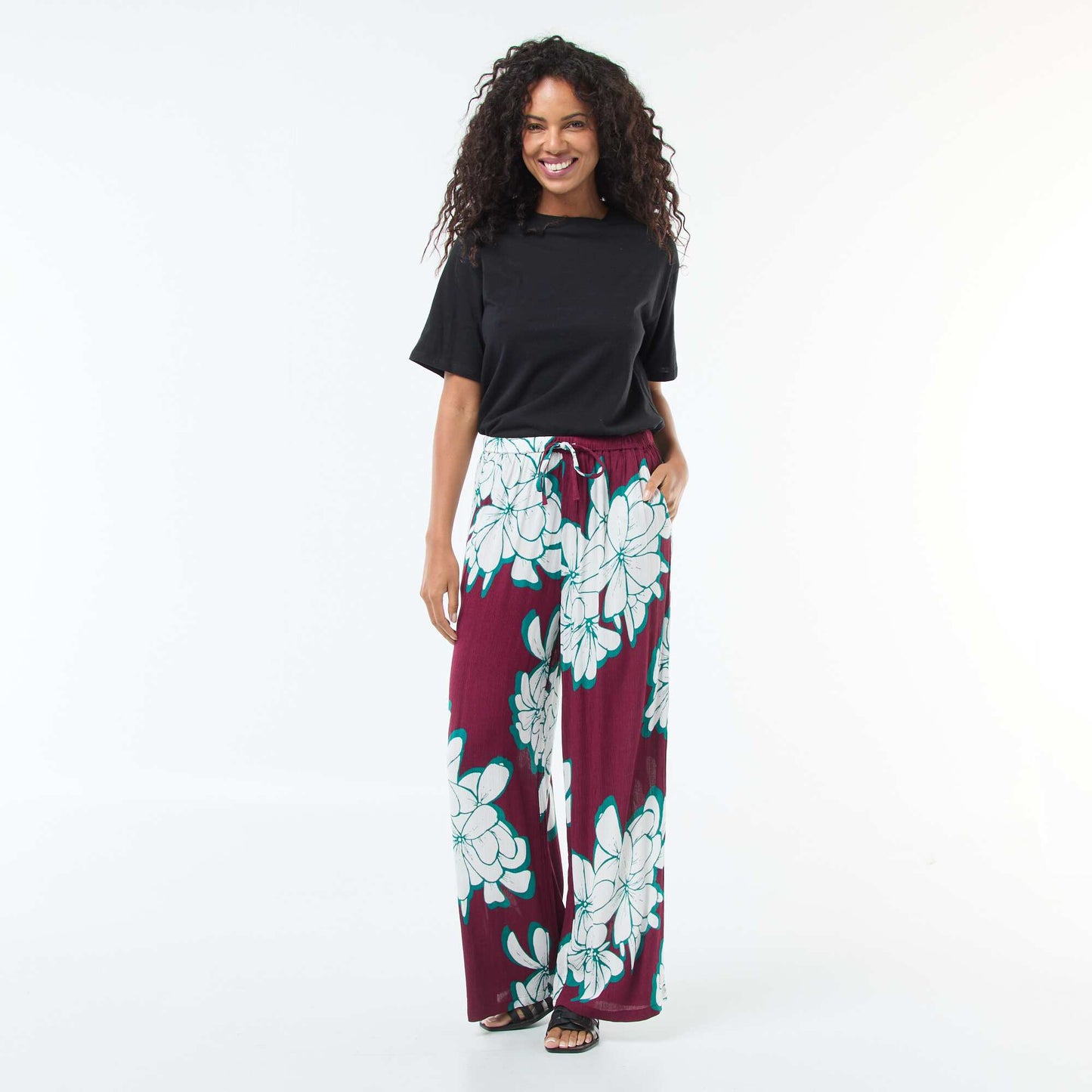 Pantalon large à motif floral ROUGE