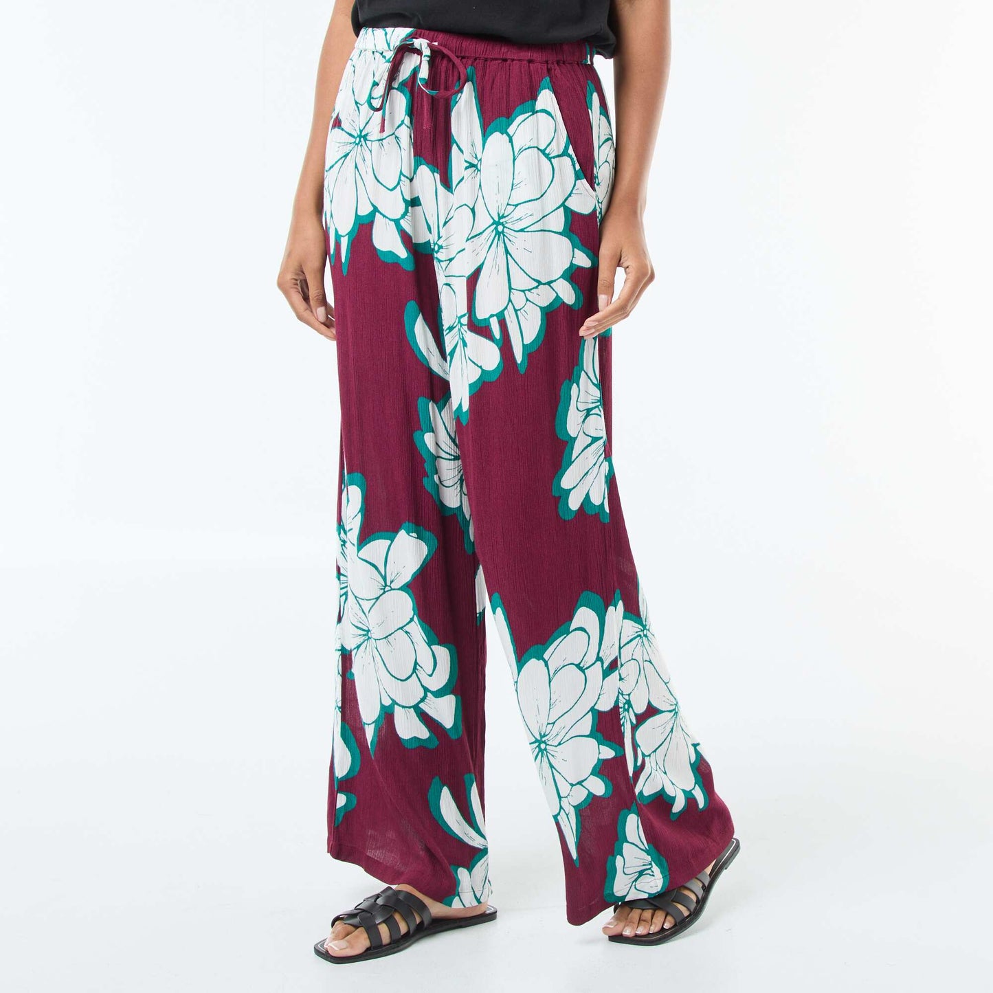 Pantalon large à motif floral ROUGE