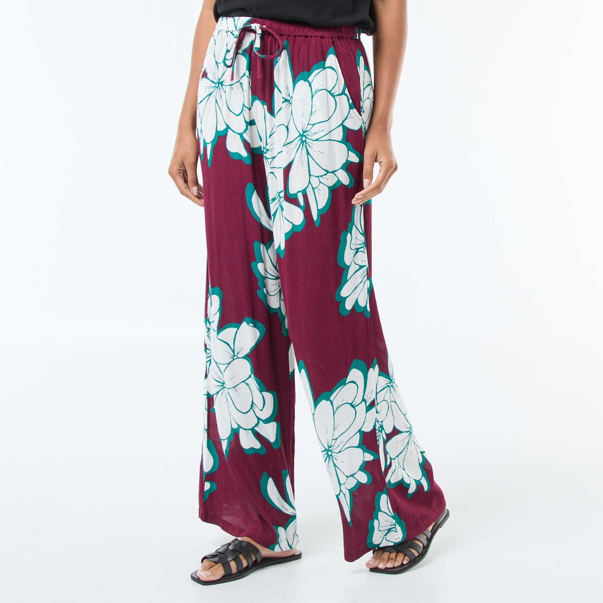 Pantalon large à motif floral ROUGE