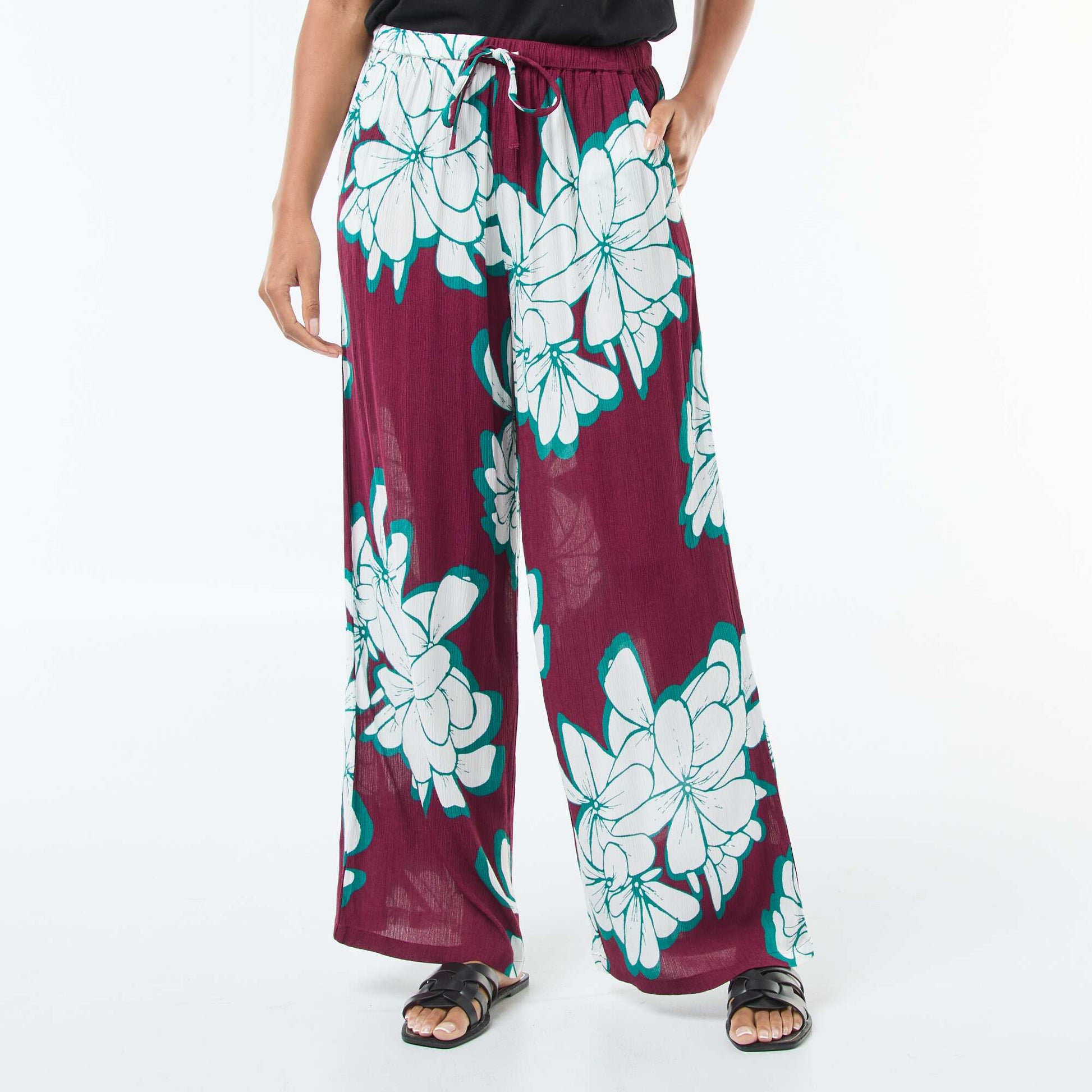 Pantalon large à motif floral ROUGE