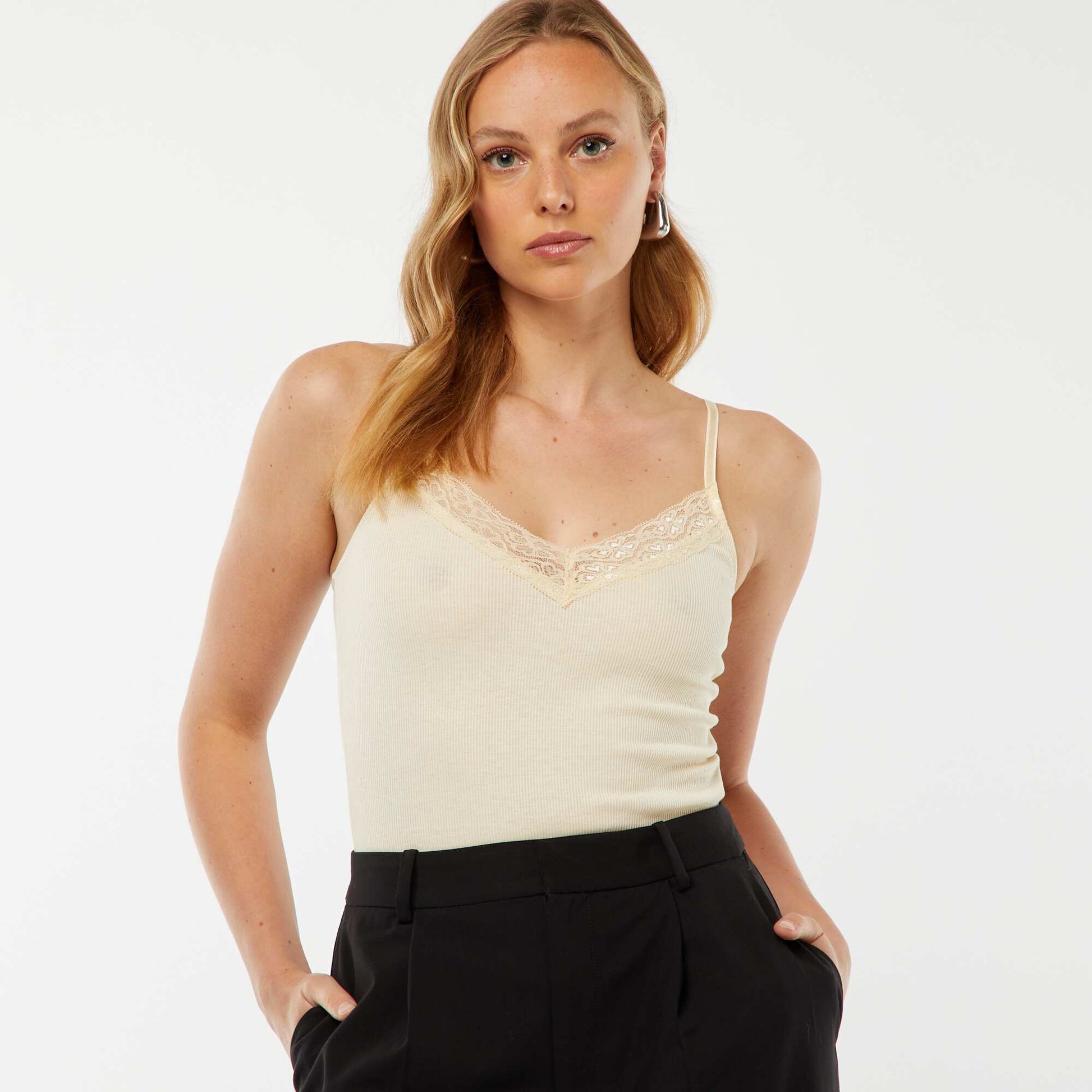 Body côtelé uni avec dentelle JAUNE