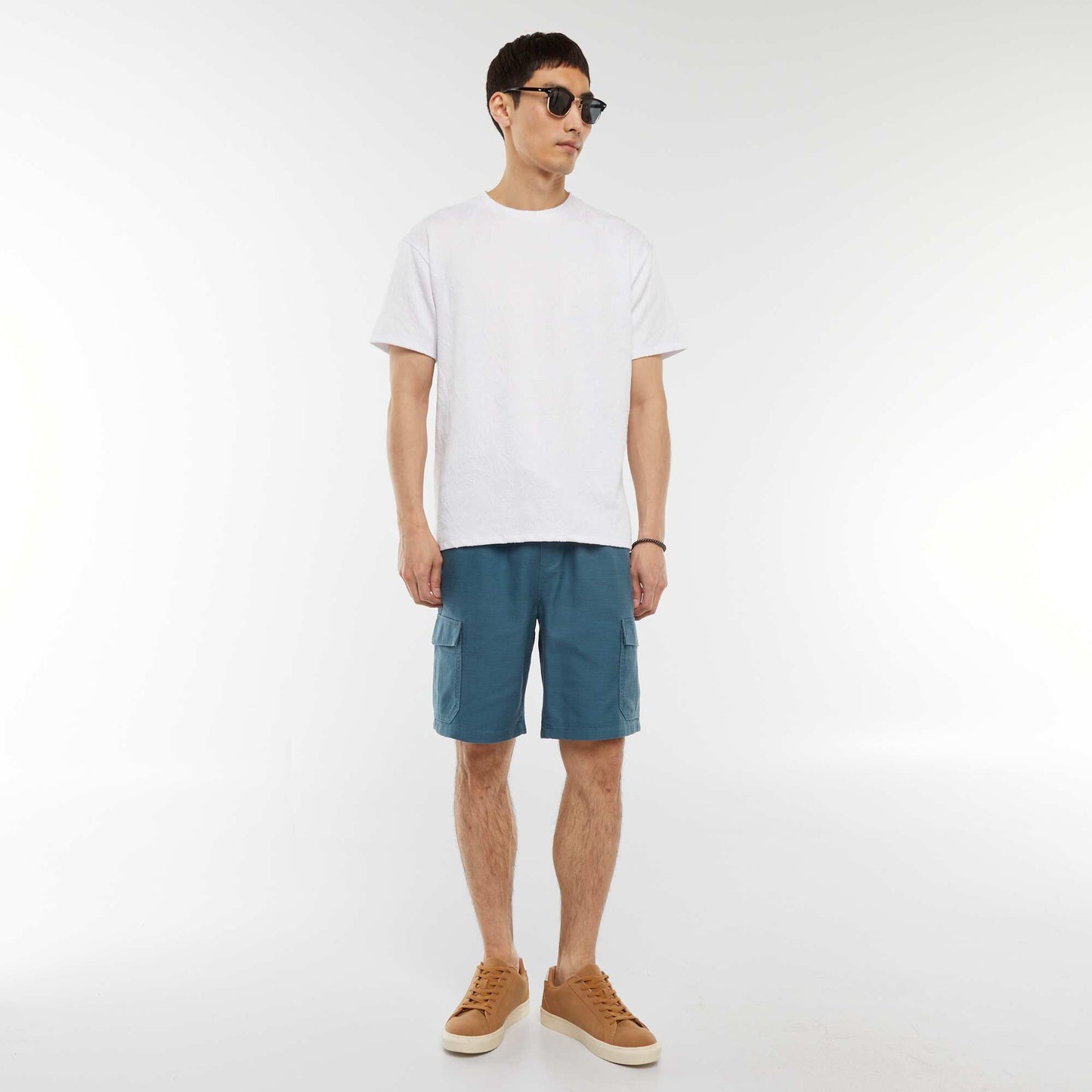 T-shirt jacquard uni à manches courtes BLANC