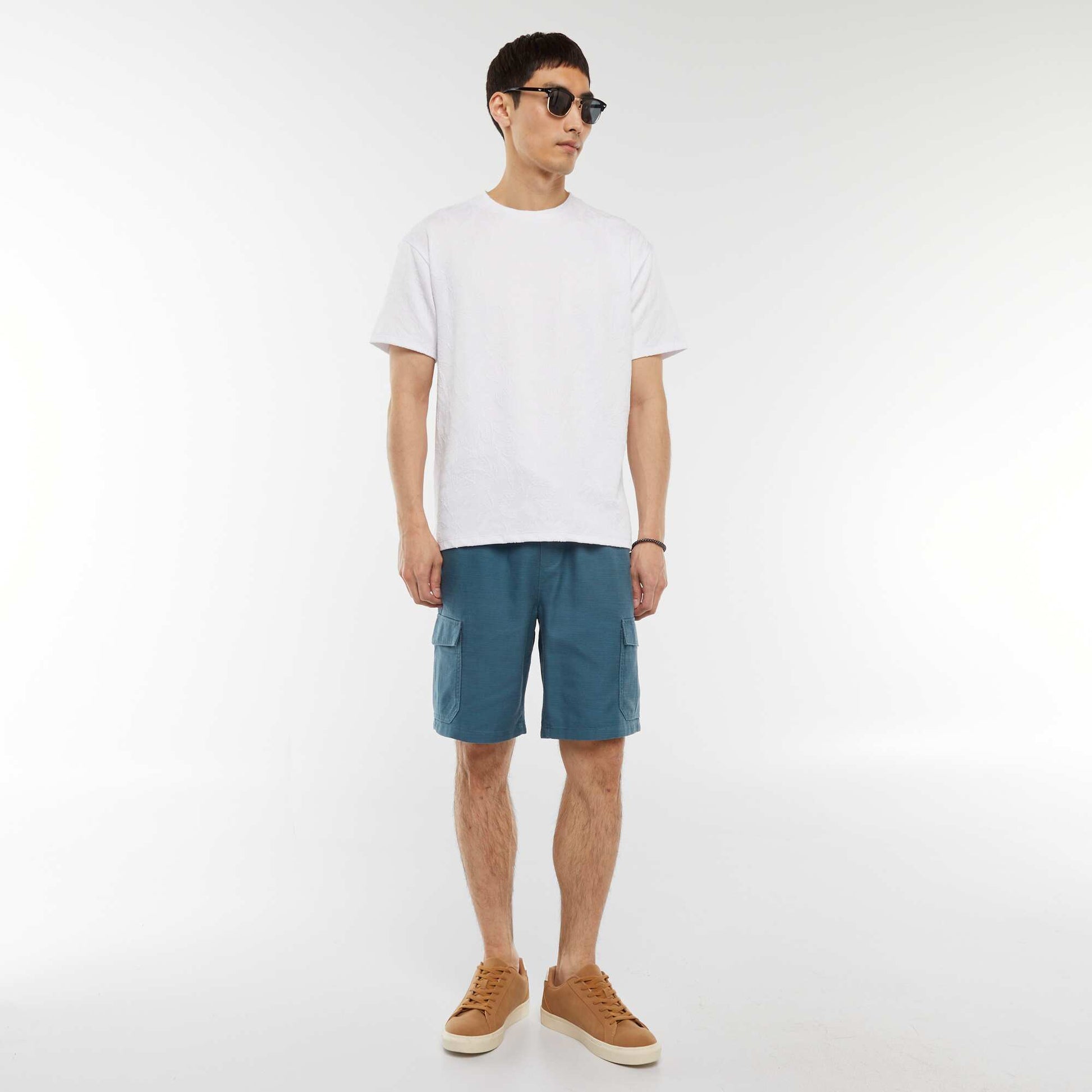 T-shirt jacquard uni à manches courtes BLANC