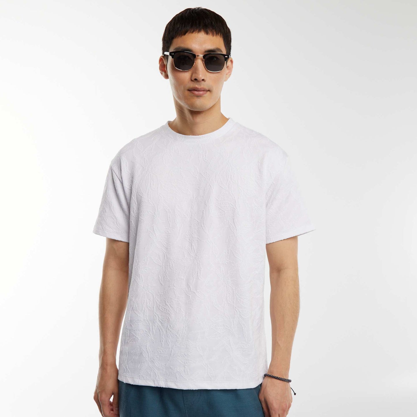 T-shirt jacquard uni à manches courtes BLANC