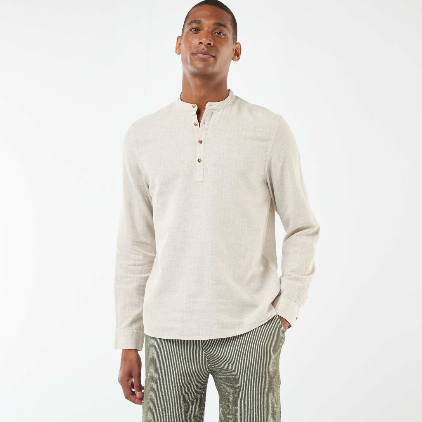Chemise à col tunisien en lin mélangé BEIGE