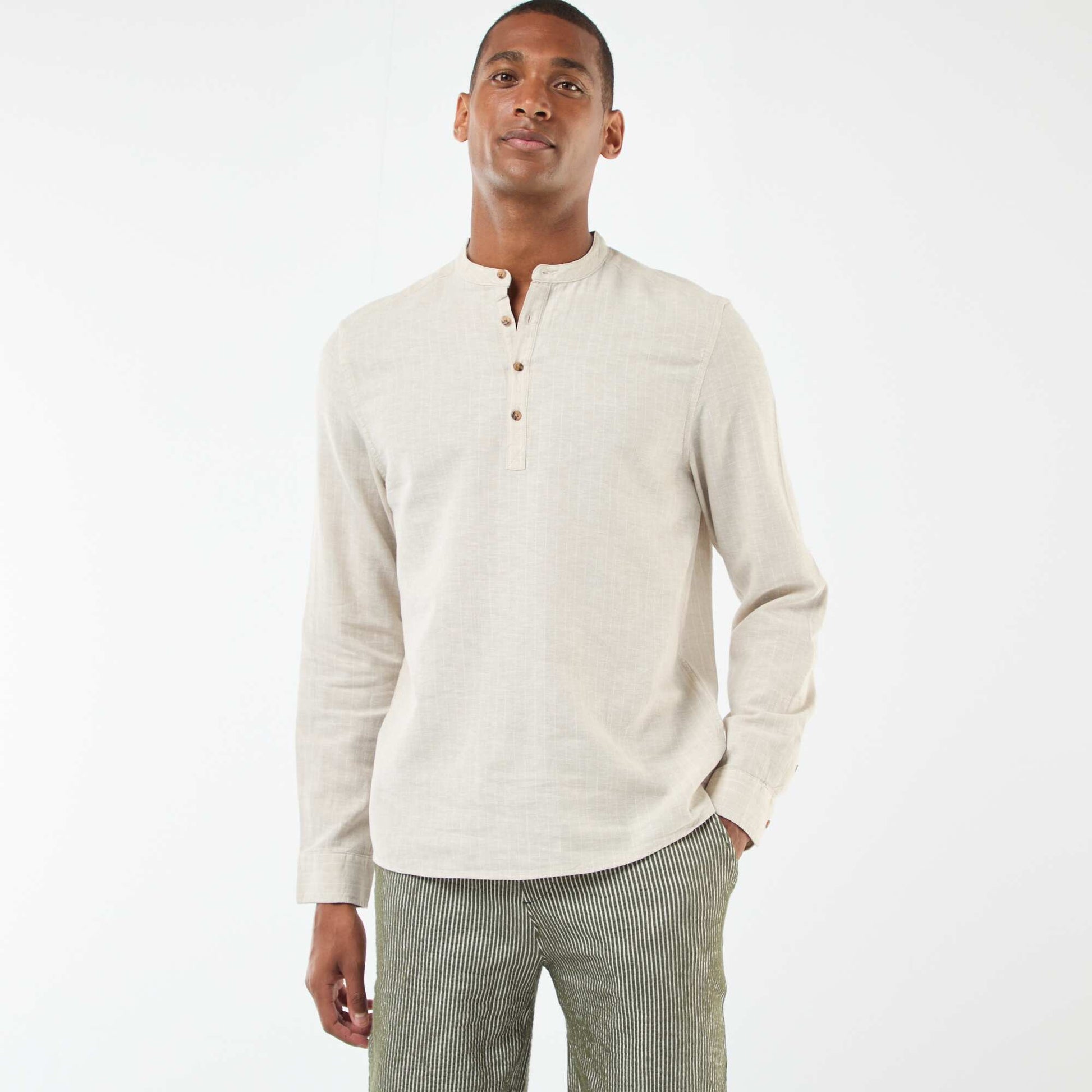 Chemise à col tunisien en lin mélangé BEIGE
