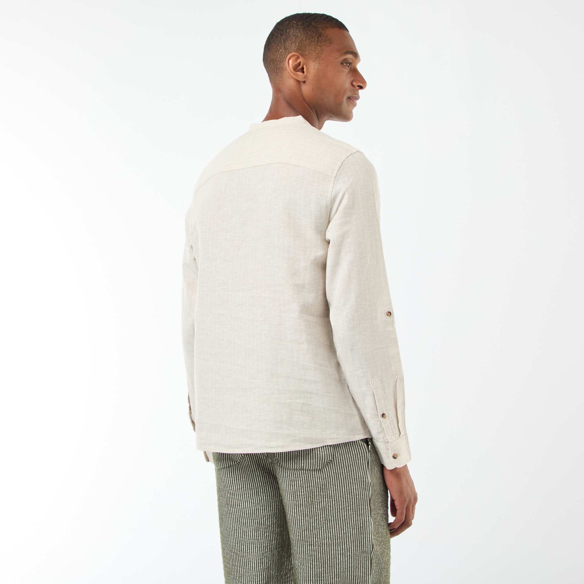 Chemise à col tunisien en lin mélangé BEIGE