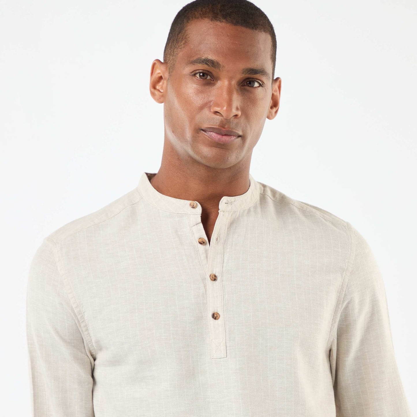 Chemise à col tunisien en lin mélangé BEIGE