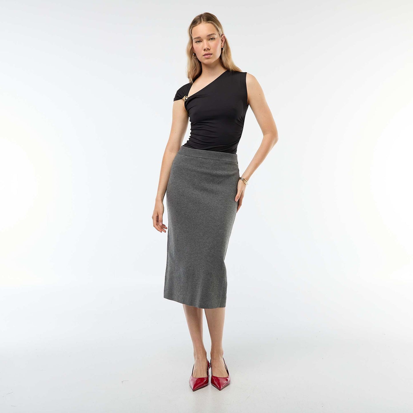 Jupe midi en tricot ottoman GRIS