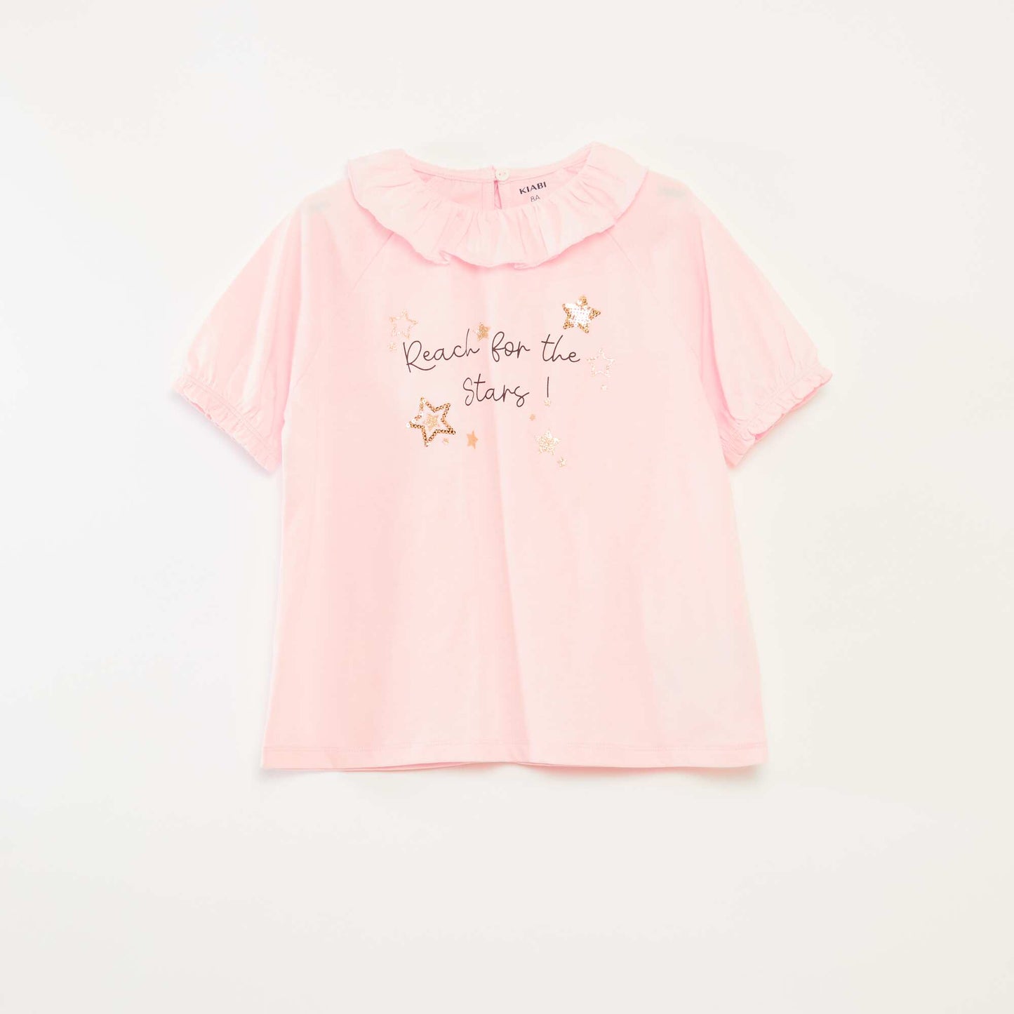 T-shirt à col volanté sequins en coton ROSE