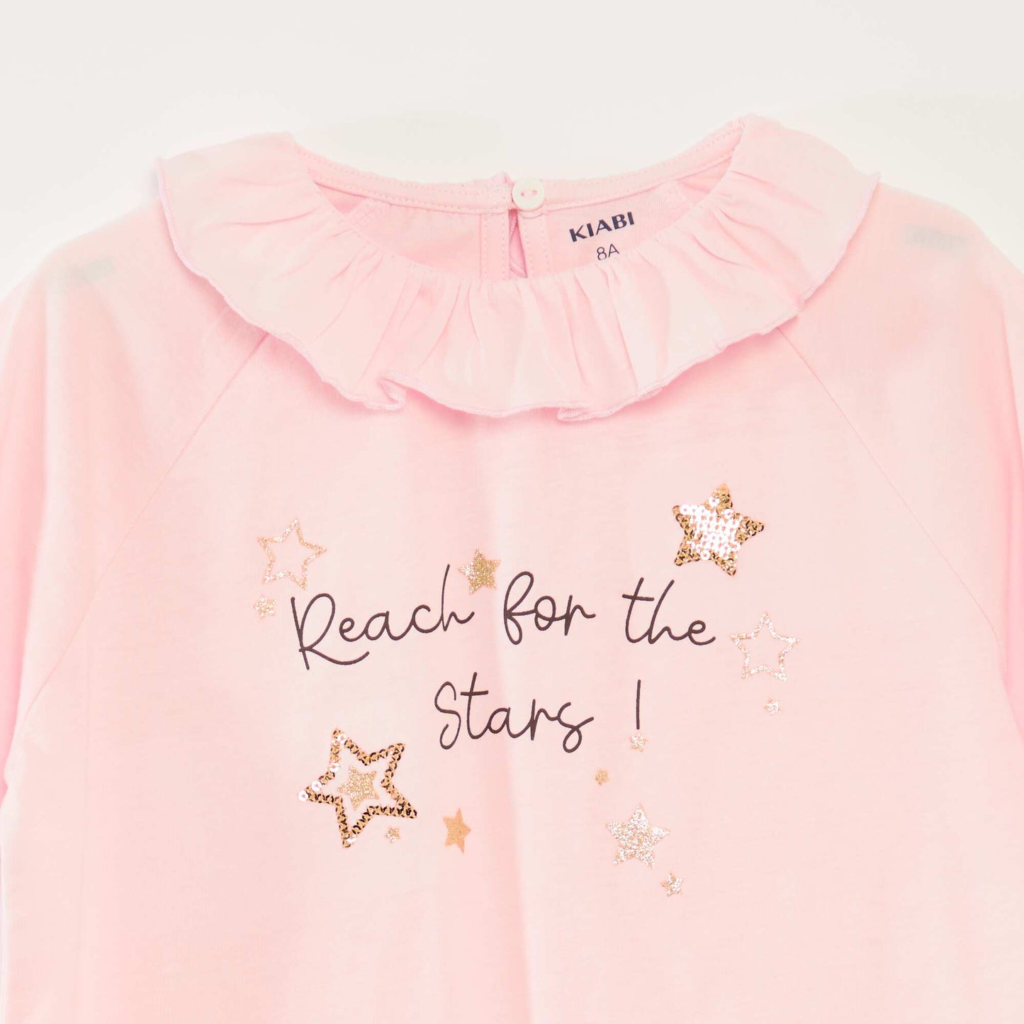 T-shirt à col volanté sequins en coton ROSE