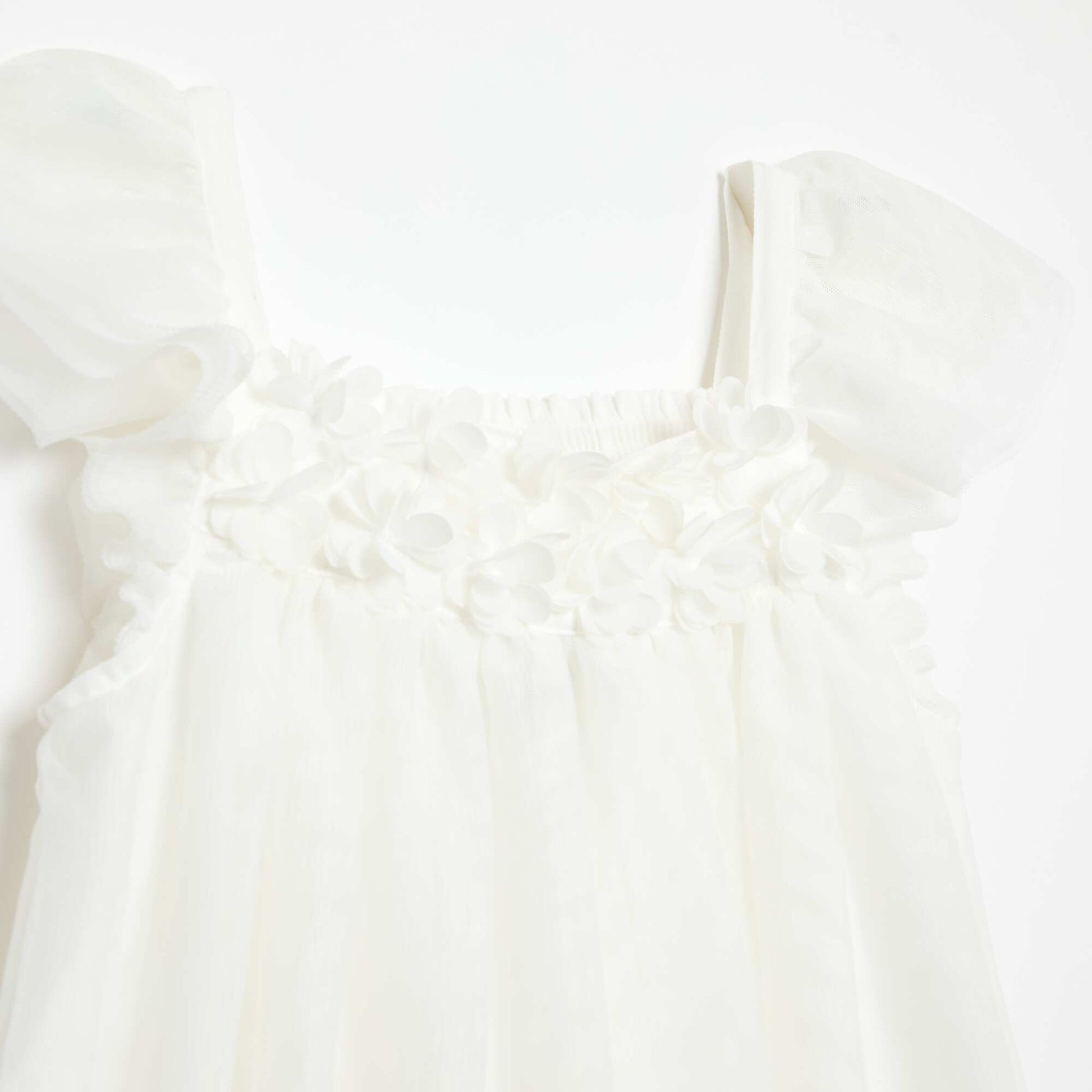 Robe à bretelles en tulle avec fleurs 3D BLANC