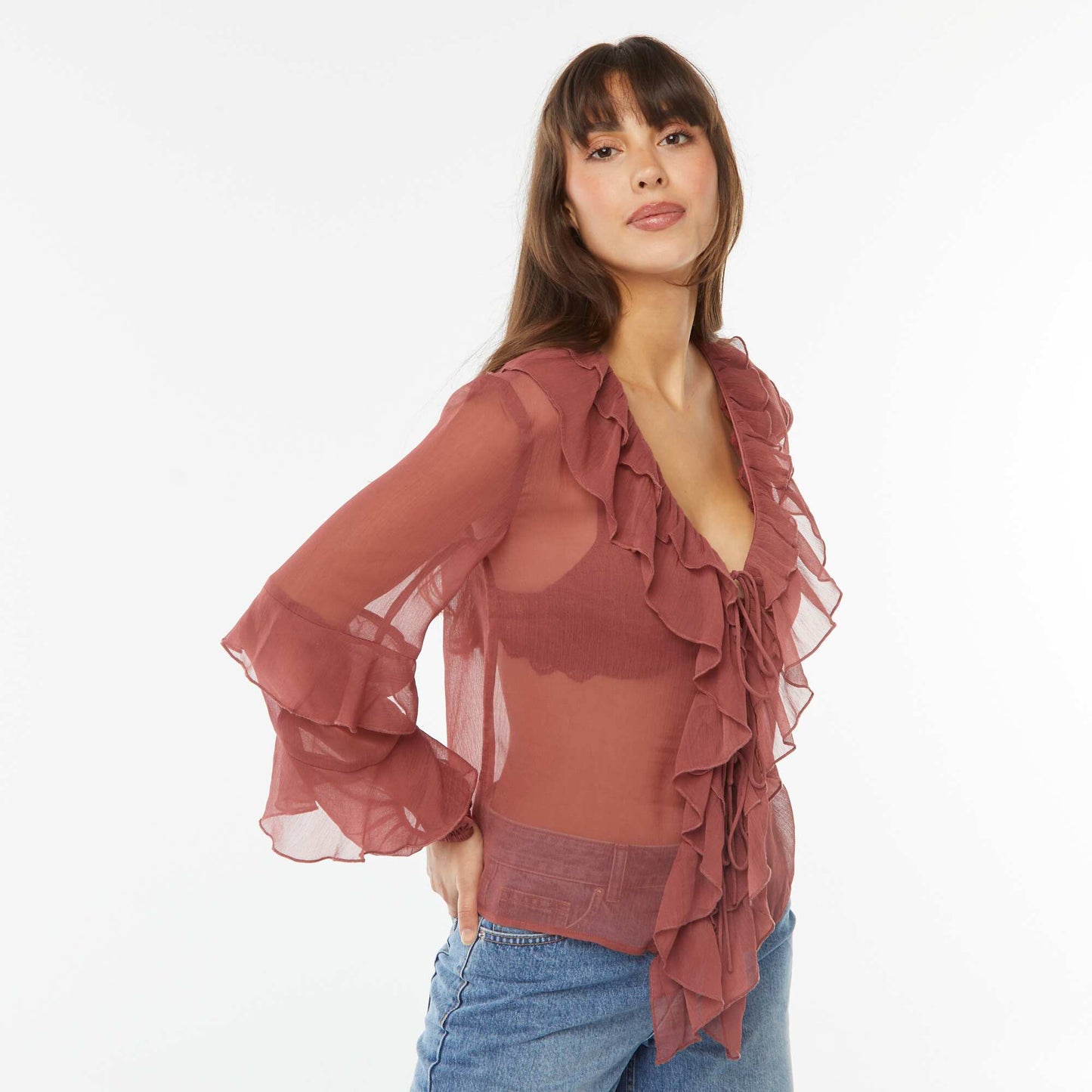 Blouse manches longues volantée ROUGE