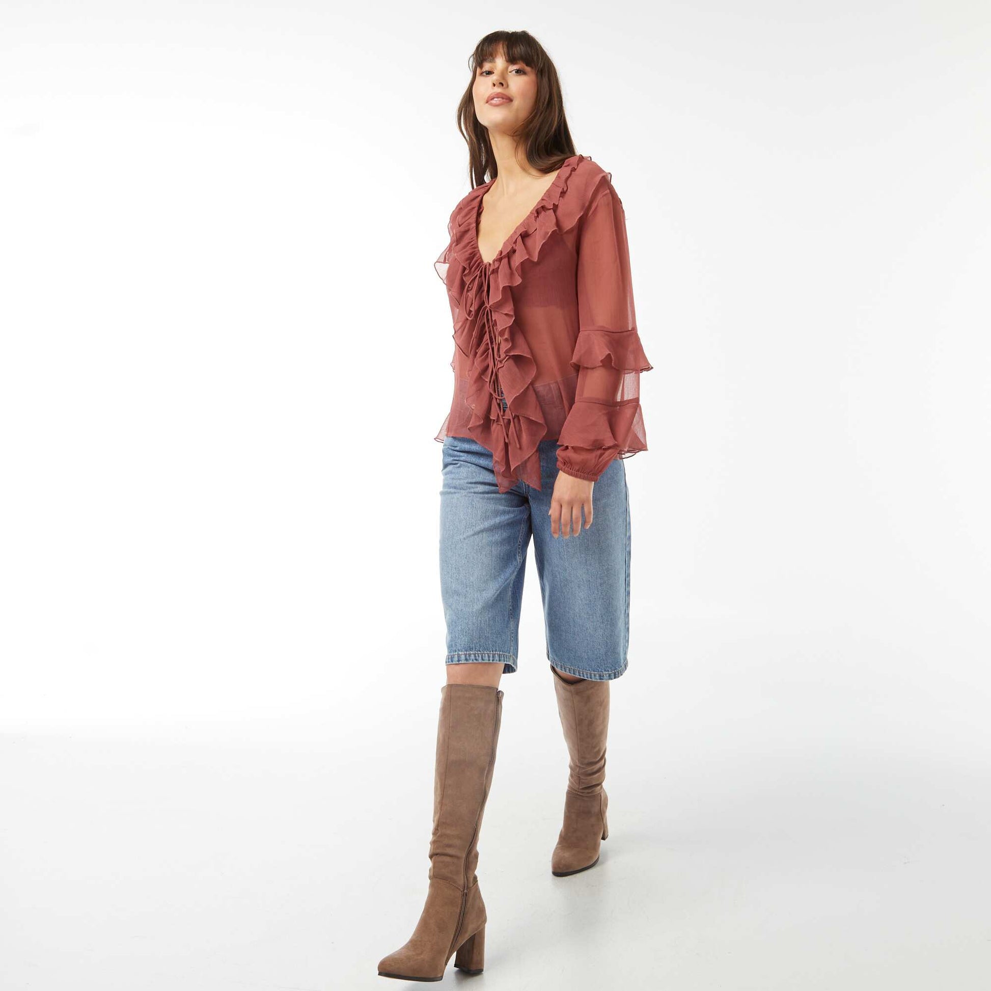 Blouse manches longues volantée ROUGE
