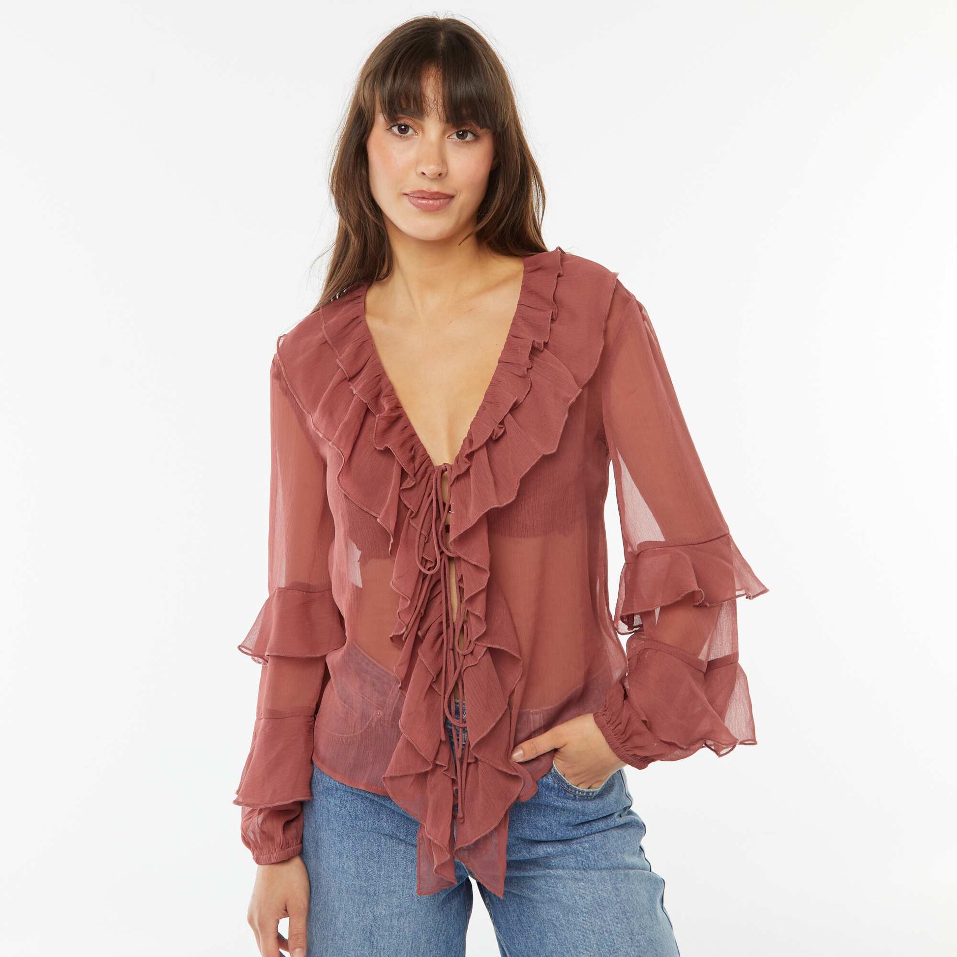 Blouse manches longues volantée ROUGE
