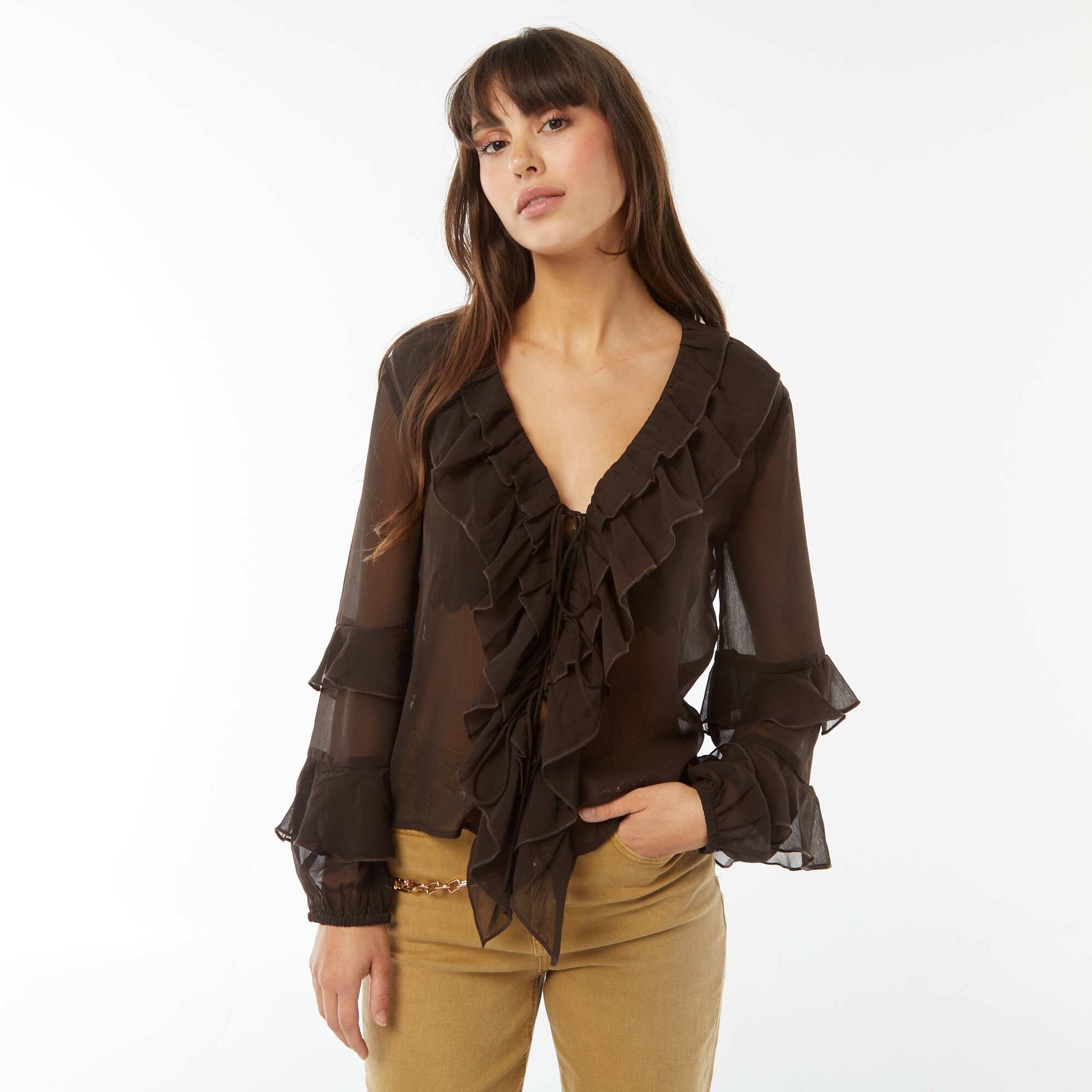Blouse manches longues volantée MARRON