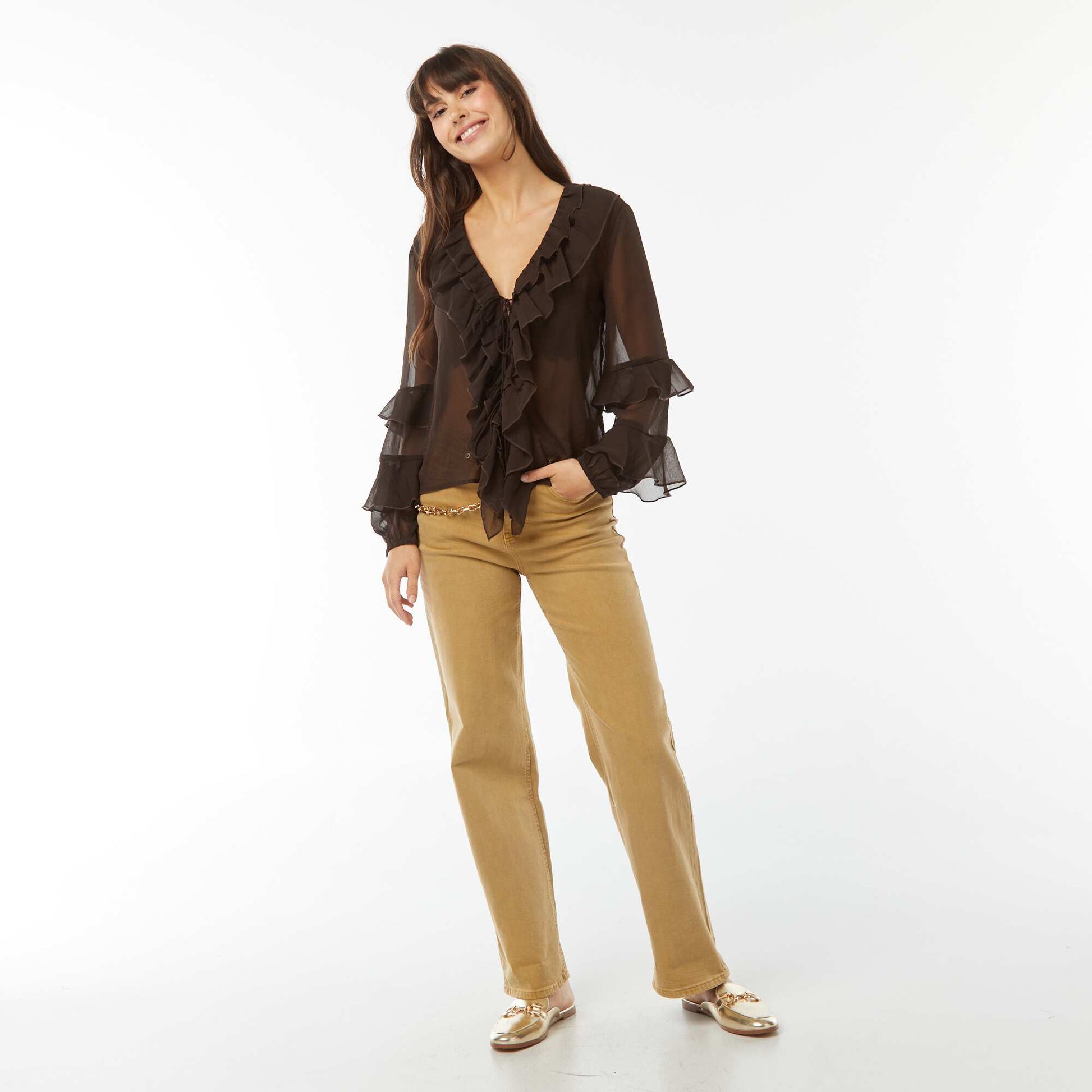 Blouse manches longues volantée MARRON
