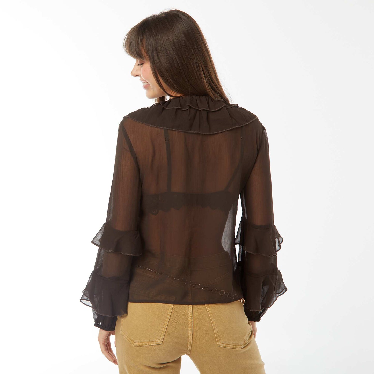 Blouse manches longues volantée MARRON