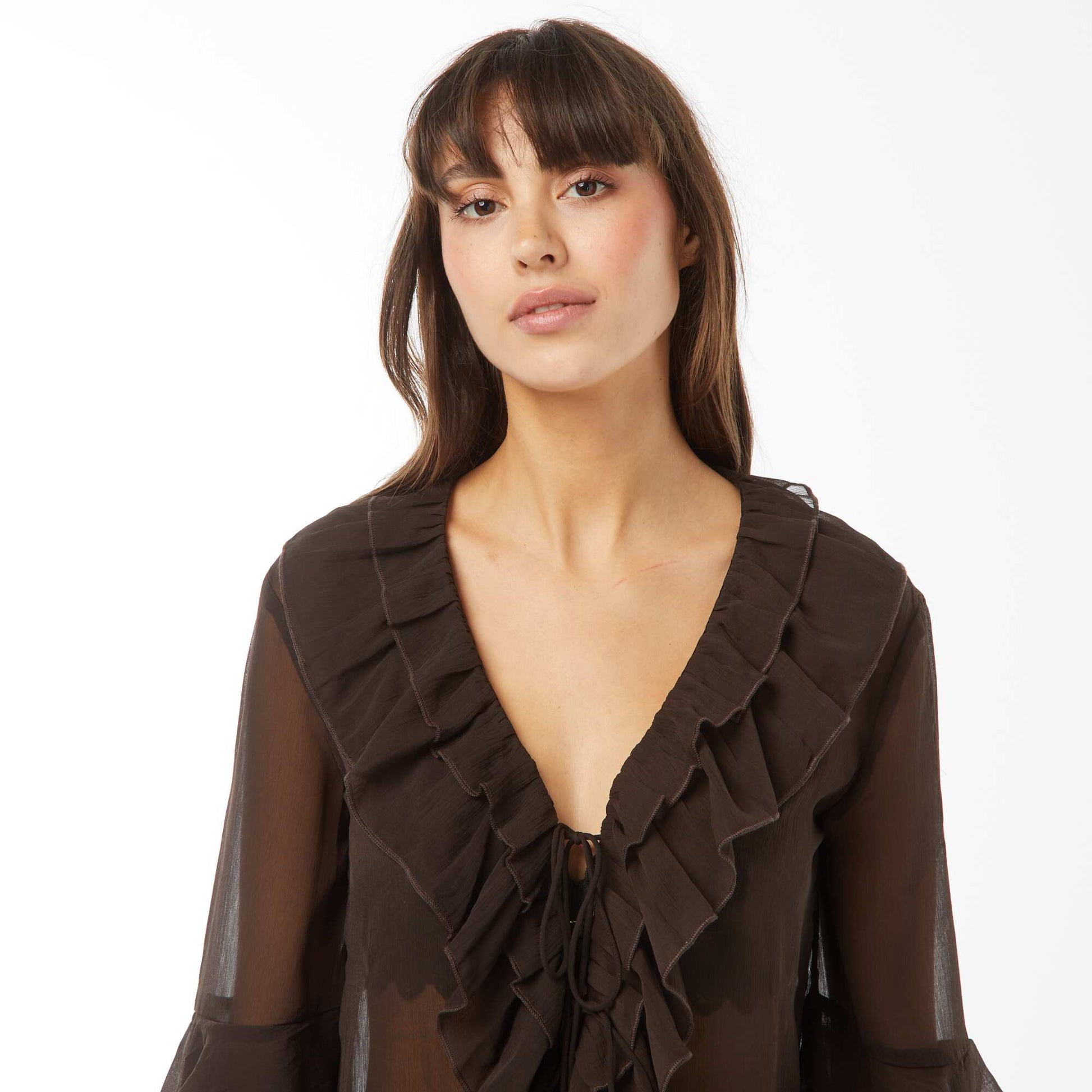 Blouse manches longues volantée MARRON