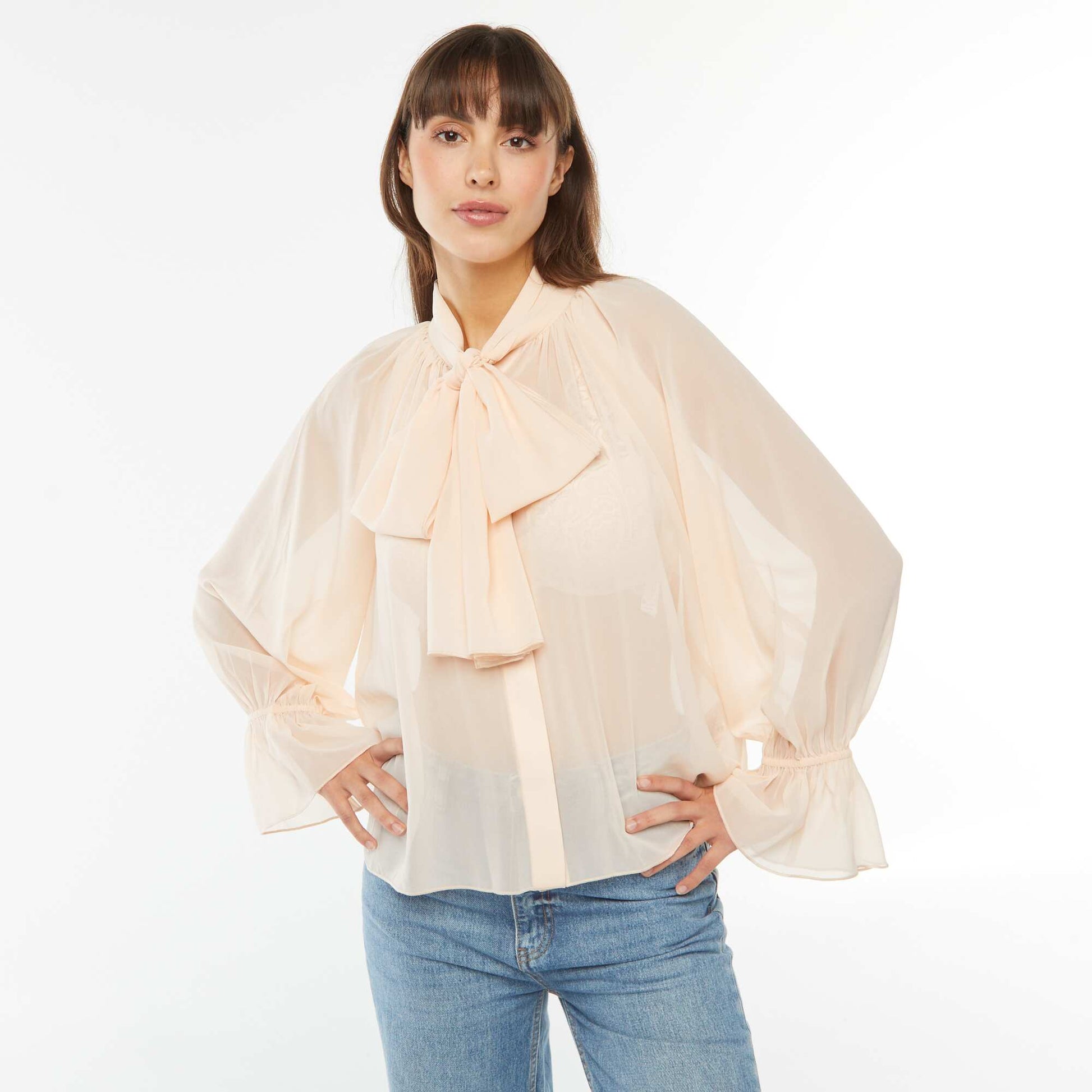 Blouse lavallière fluide avec manches volantées BEIGE