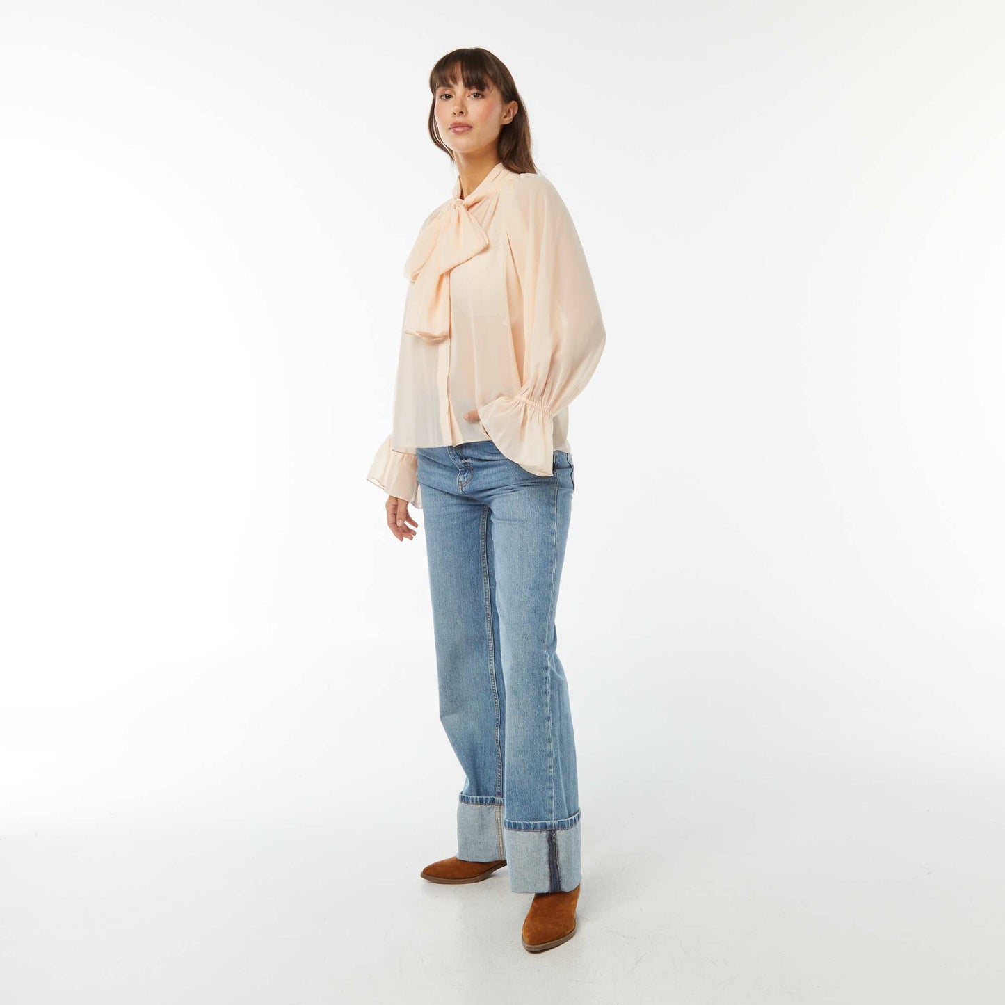 Blouse lavallière fluide avec manches volantées BEIGE