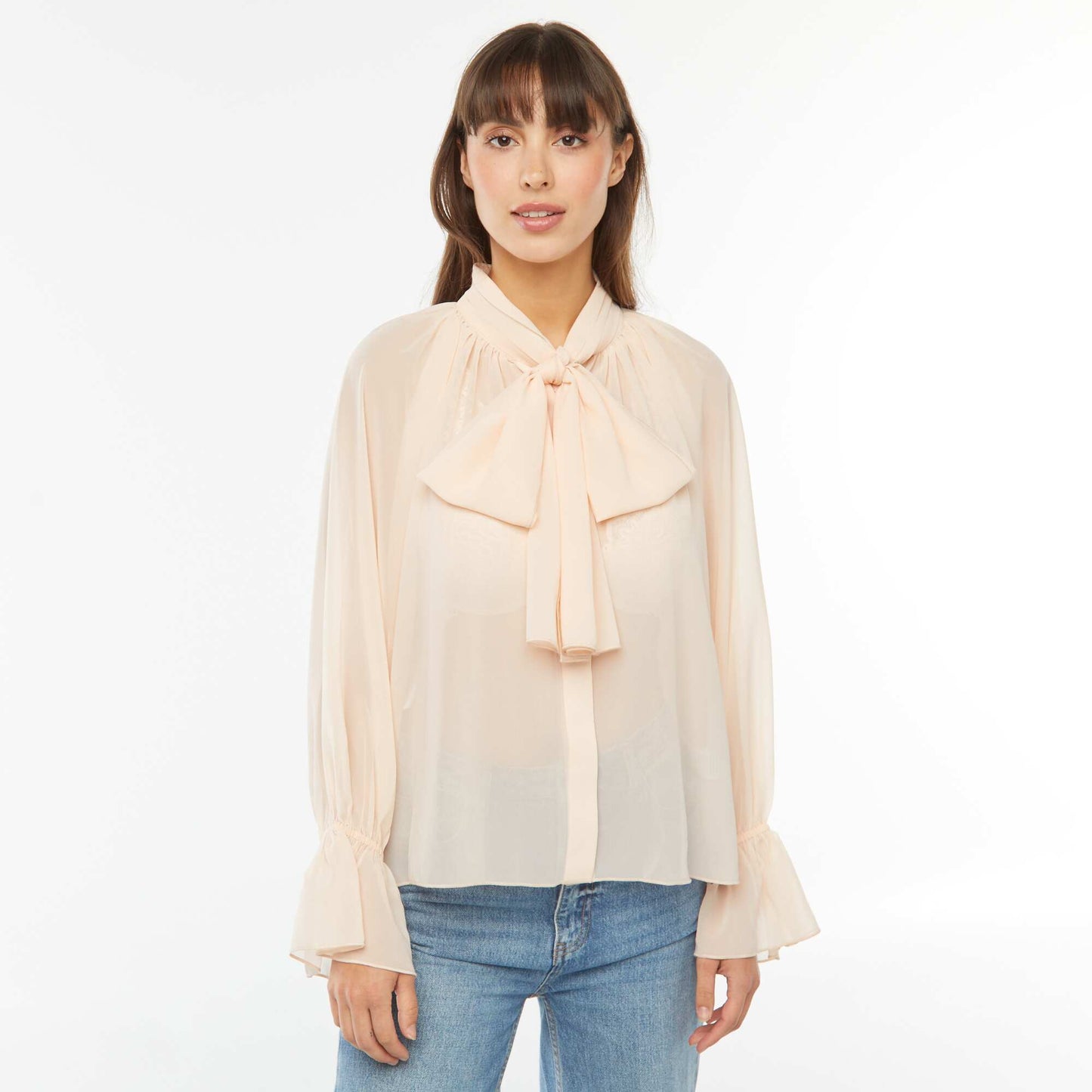 Blouse lavallière fluide avec manches volantées BEIGE