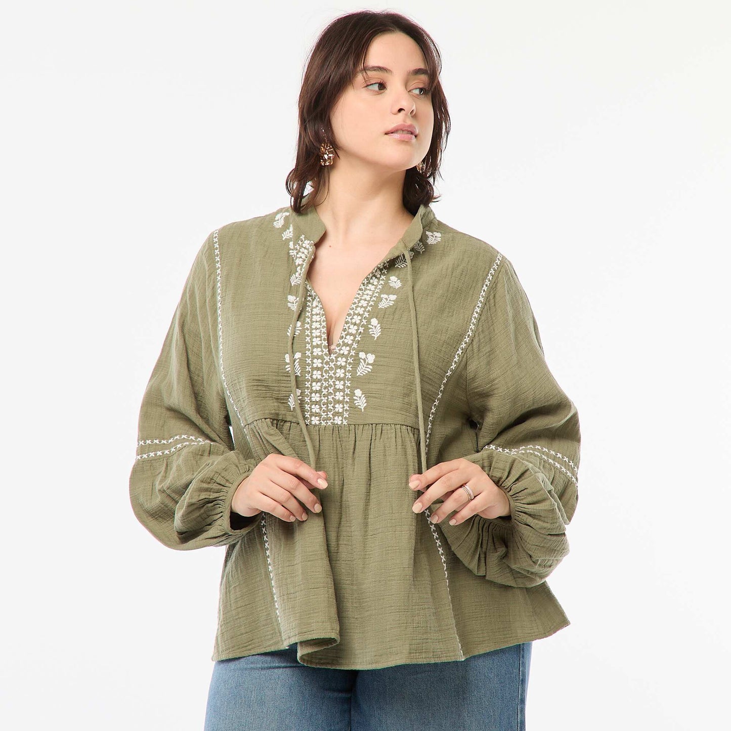 Blouse brodée à manches longues VERT