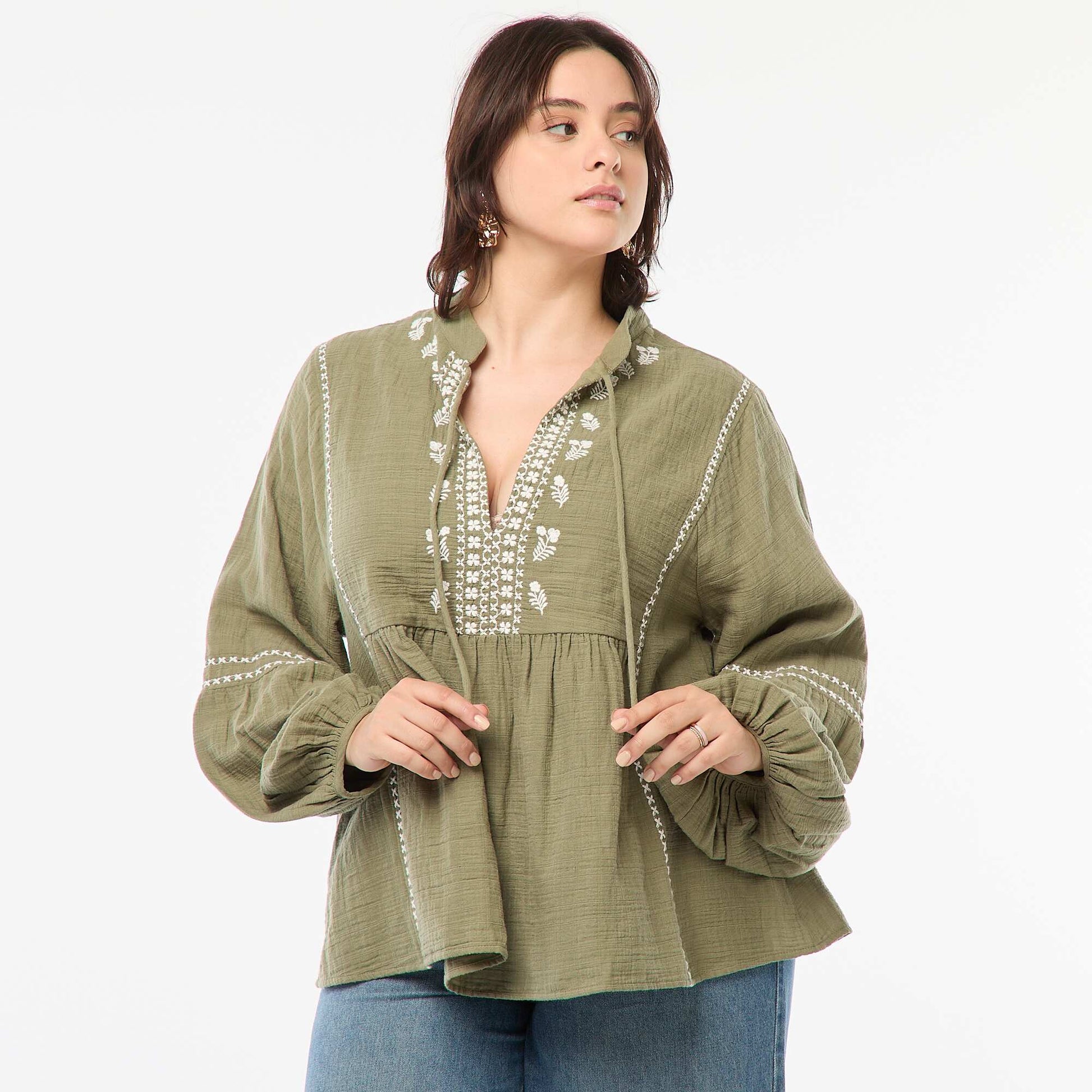 Blouse brodée à manches longues VERT