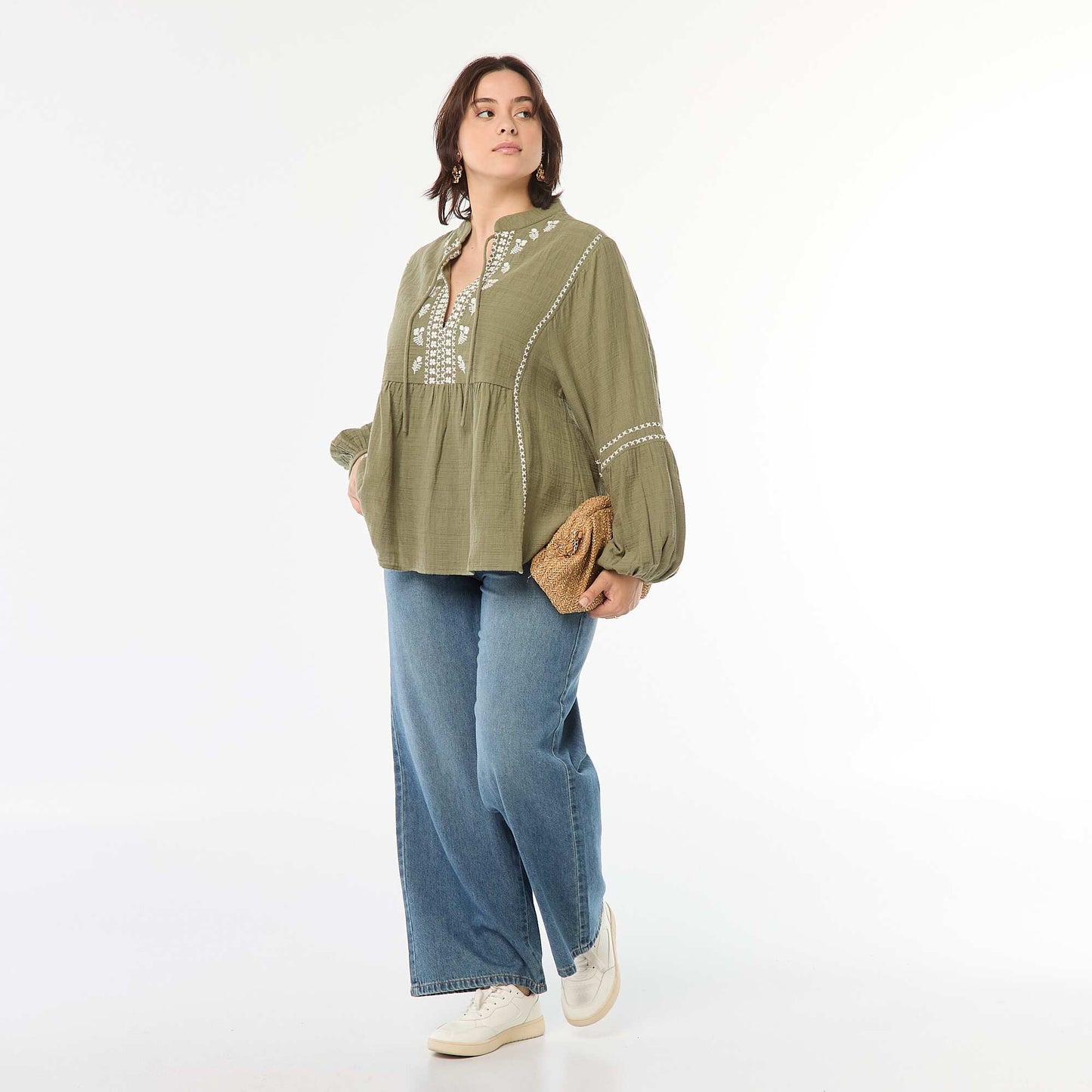Blouse brodée à manches longues VERT