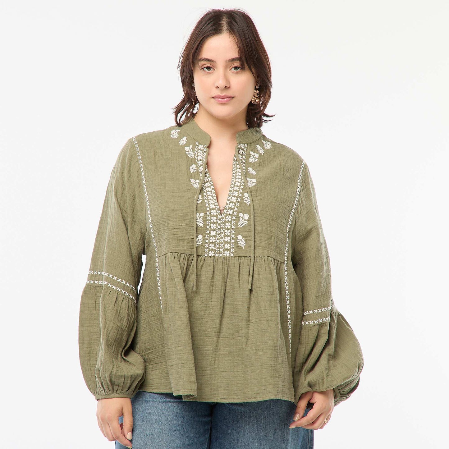 Blouse brodée à manches longues VERT