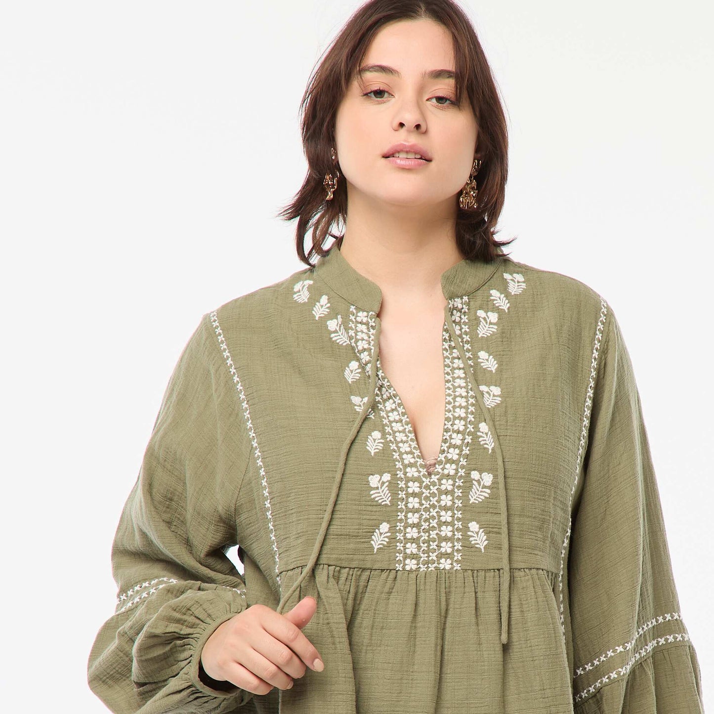 Blouse brodée à manches longues VERT