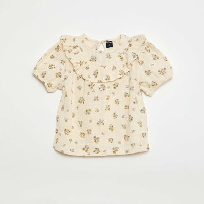 Blouse manche courte à motif en gaze de coton BEIGE