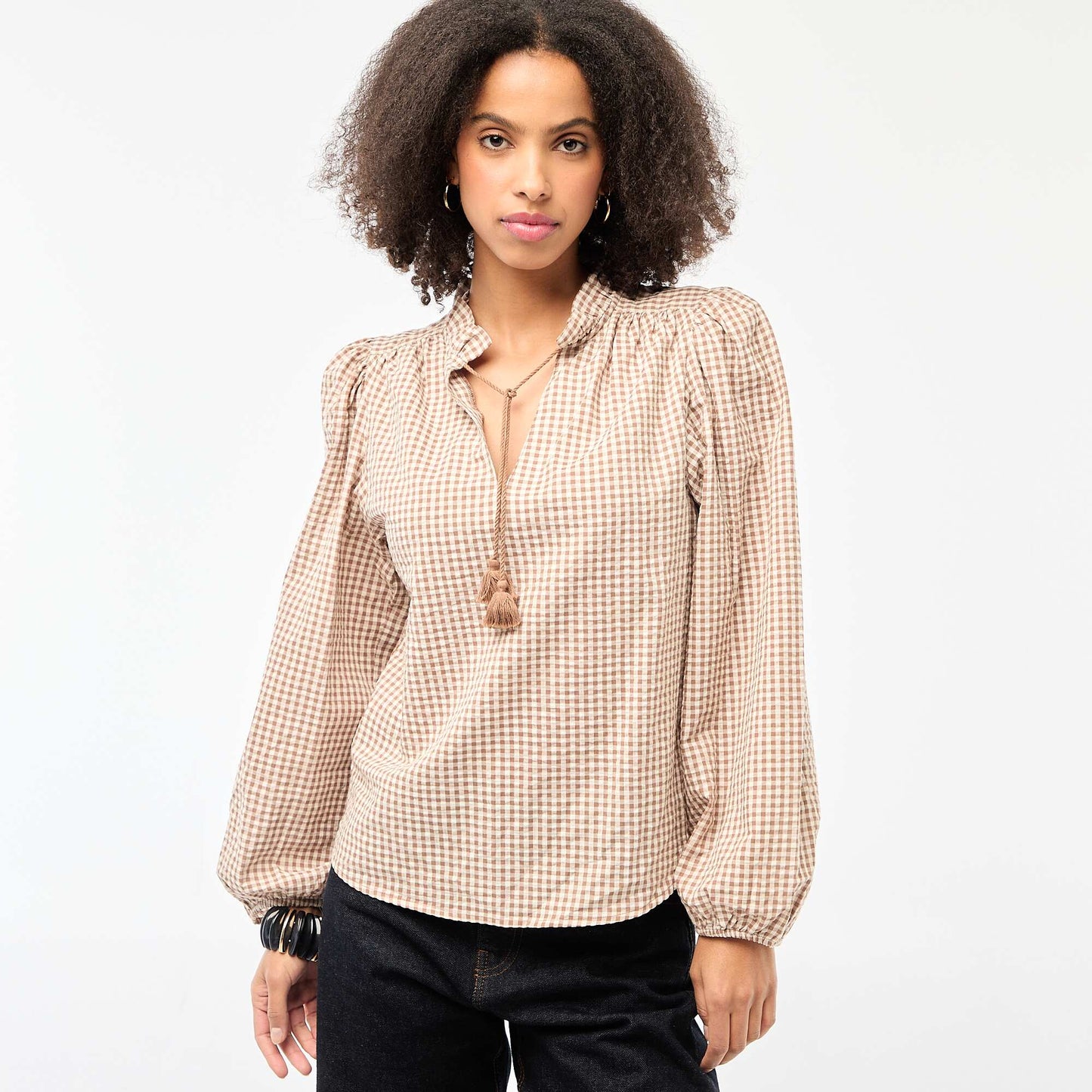 Blouse manches longues à carreaux BEIGE