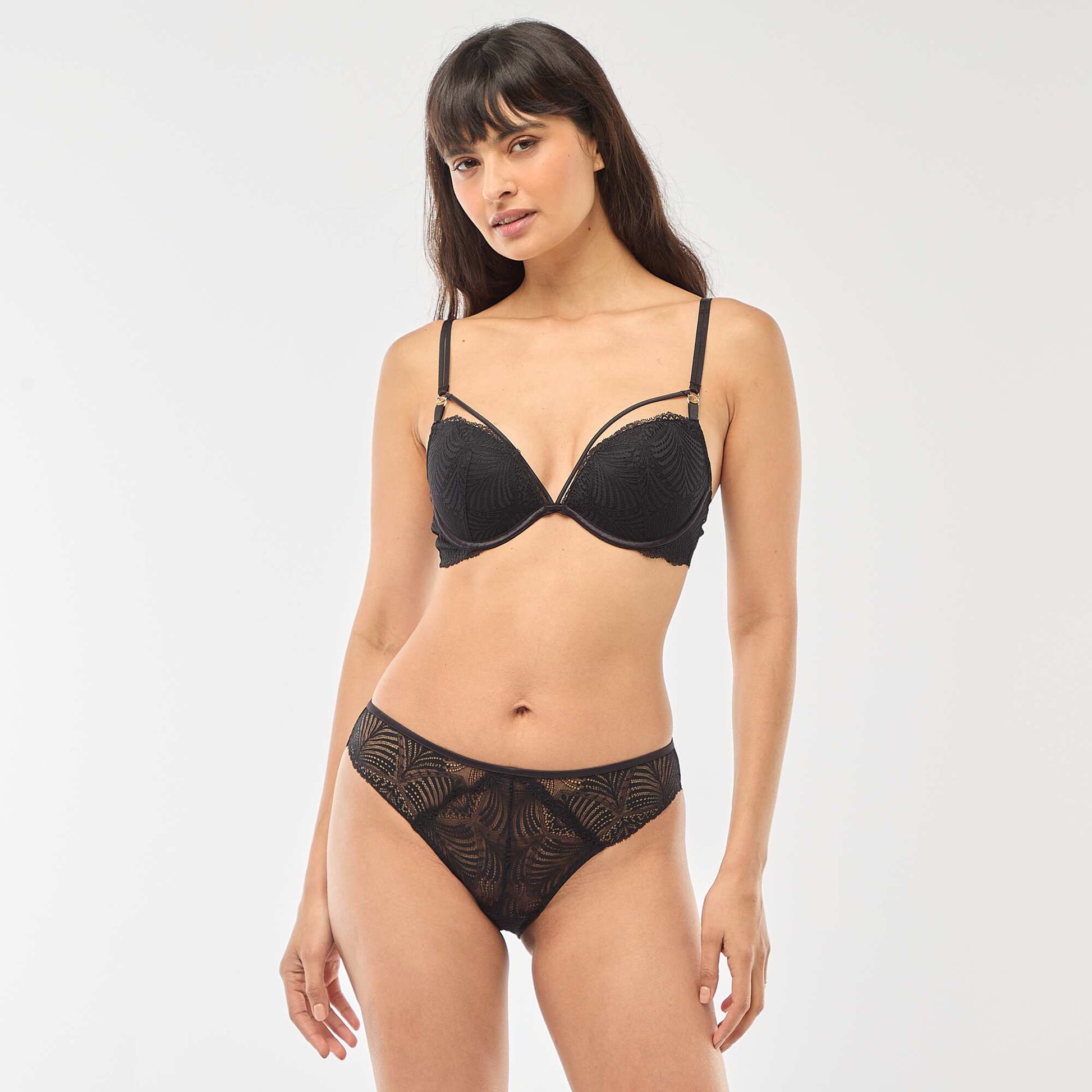 Soutien-gorge push up en dentelle feuillage NOIR