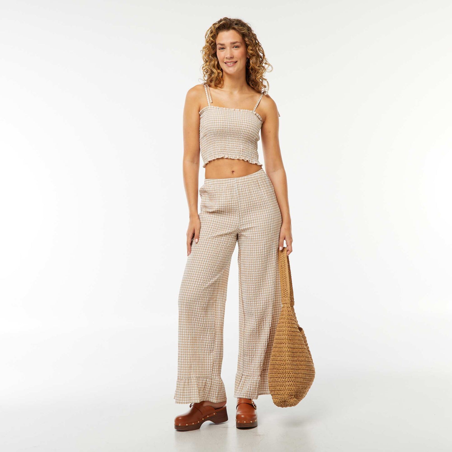 Pantalon large vichy volanté BEIGE