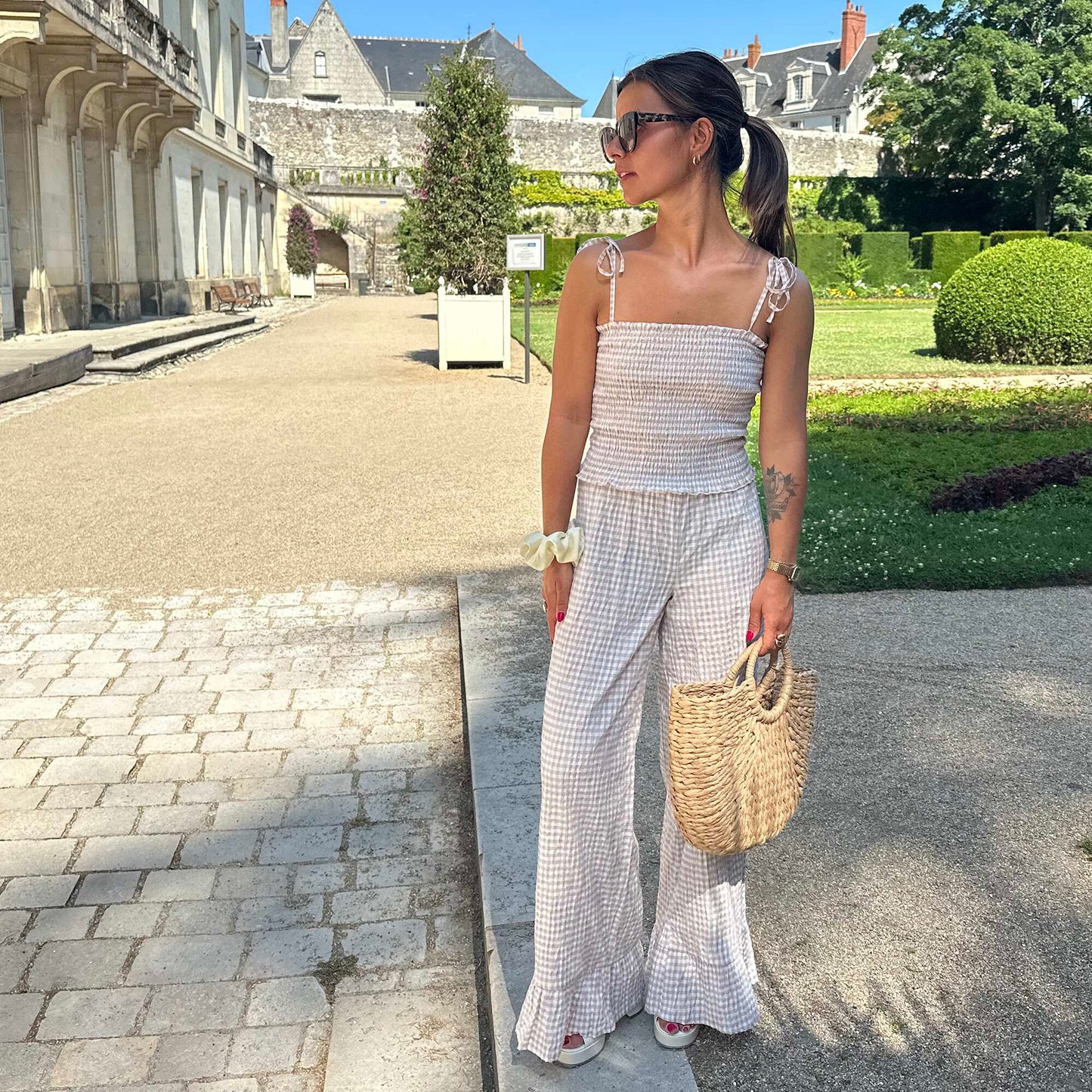 Pantalon large vichy volanté BEIGE
