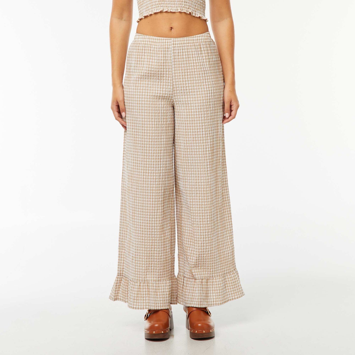 Pantalon large vichy volanté BEIGE